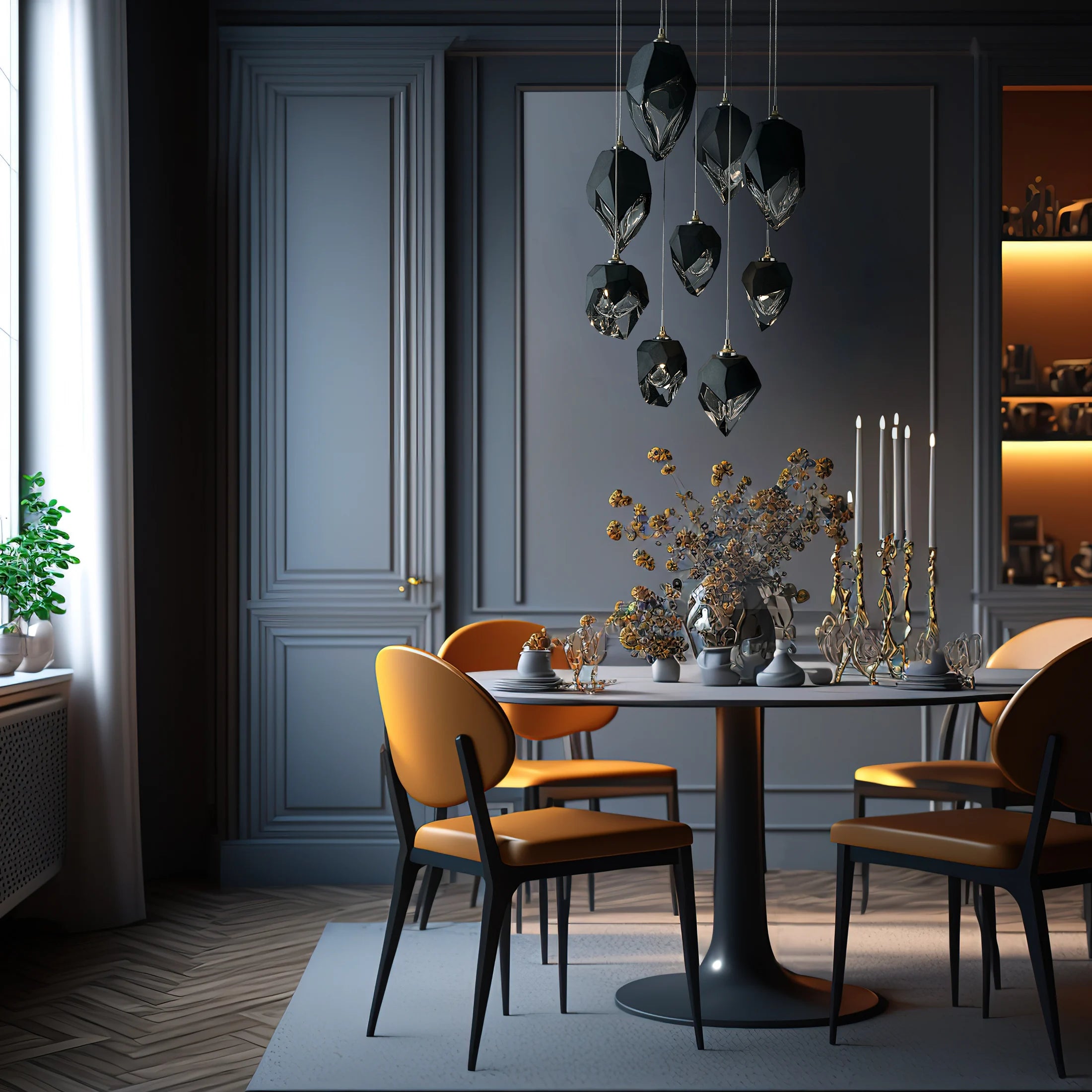 The Chrysalis 5-Light Mixed Crystal Pendant is a multi-port fixture that features five (2 large + 3 small), handcrafted faceted blown glass elements suspended from a round canopy.