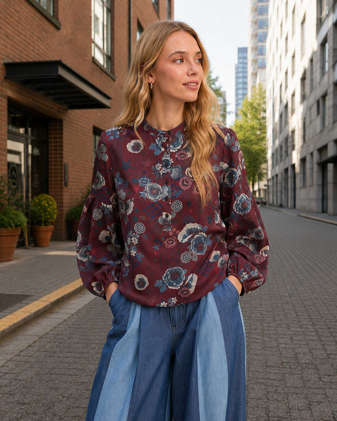 A woman stands on an urban street wearing a long-sleeve blouse with a burgundy base and a blue, gray, and white floral pattern, paired with wide-leg blue jeans.