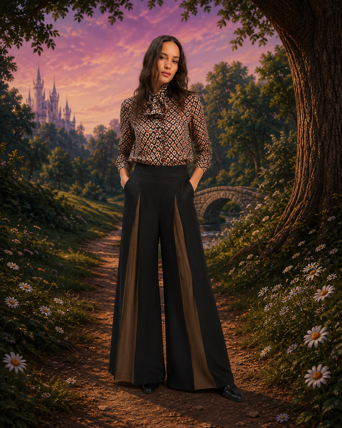 BLACK AND BROWN TWO-TONE PALAZZO PANTS