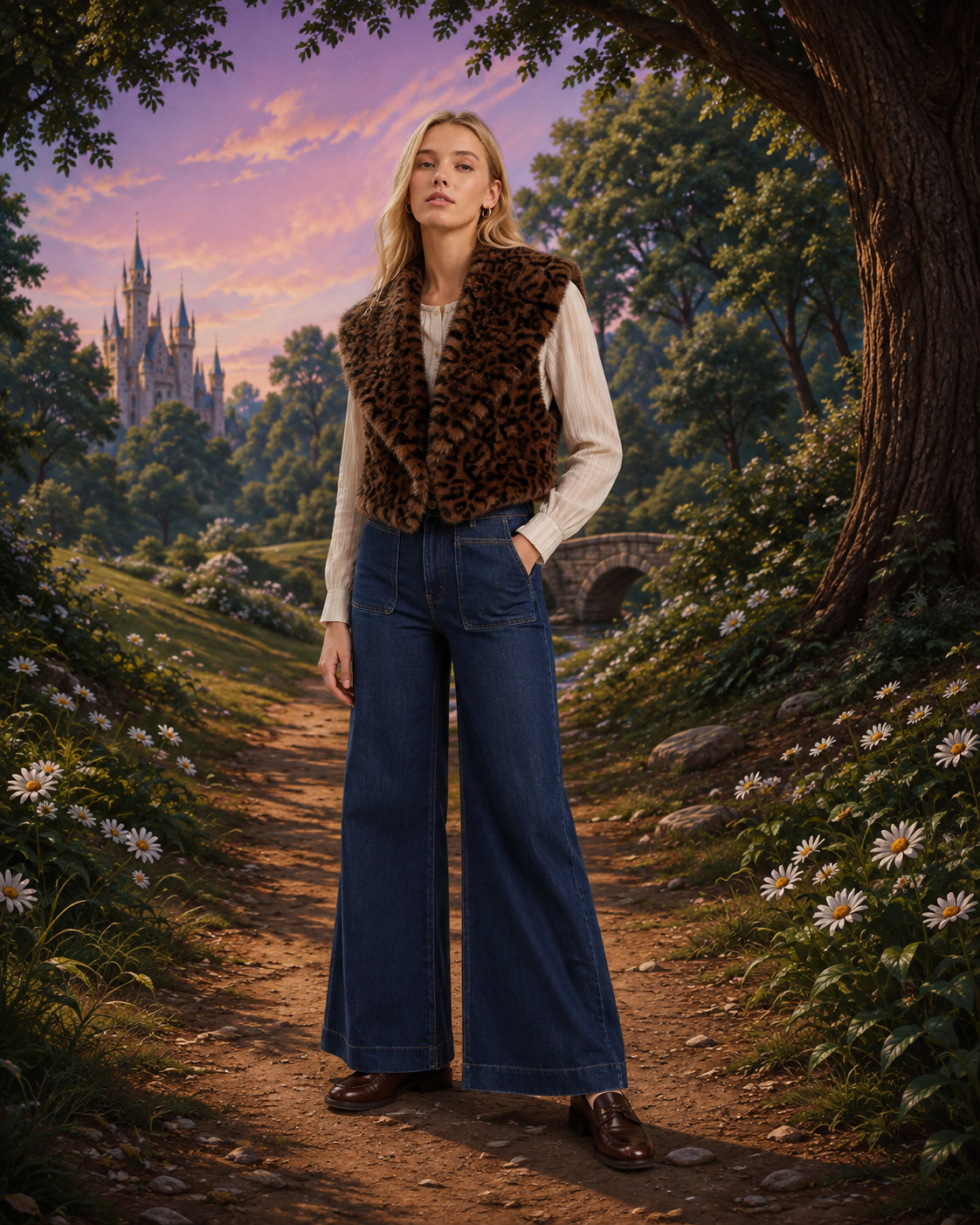 A woman stands on a forest path wearing a brown leopard-print faux fur vest over a cream long-sleeve top and dark blue wide-leg jeans, with a fantasy castle landscape in the background.