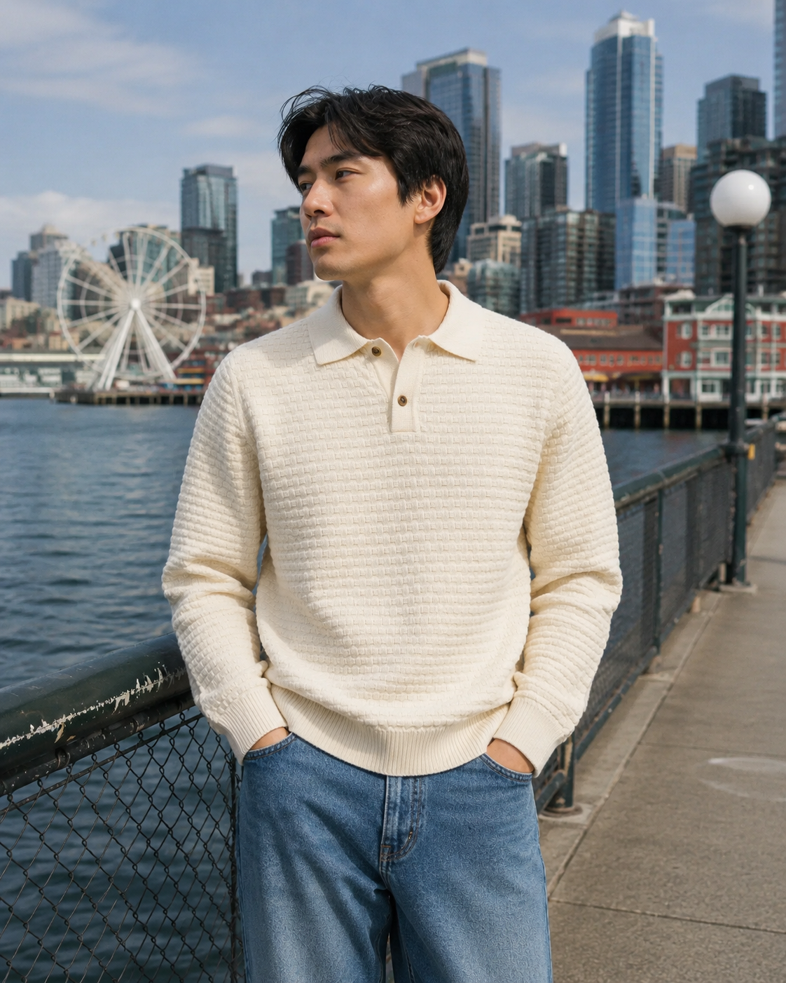 Check Structure Knitted Long-Sleeve Polo