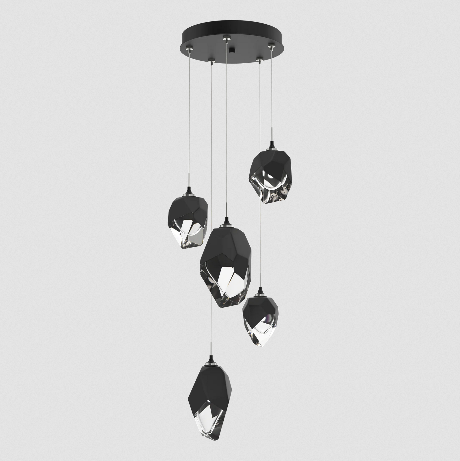 The Chrysalis 5-Light Mixed Crystal Pendant is a multi-port fixture that features five (2 large + 3 small), handcrafted faceted blown glass elements suspended from a round canopy.