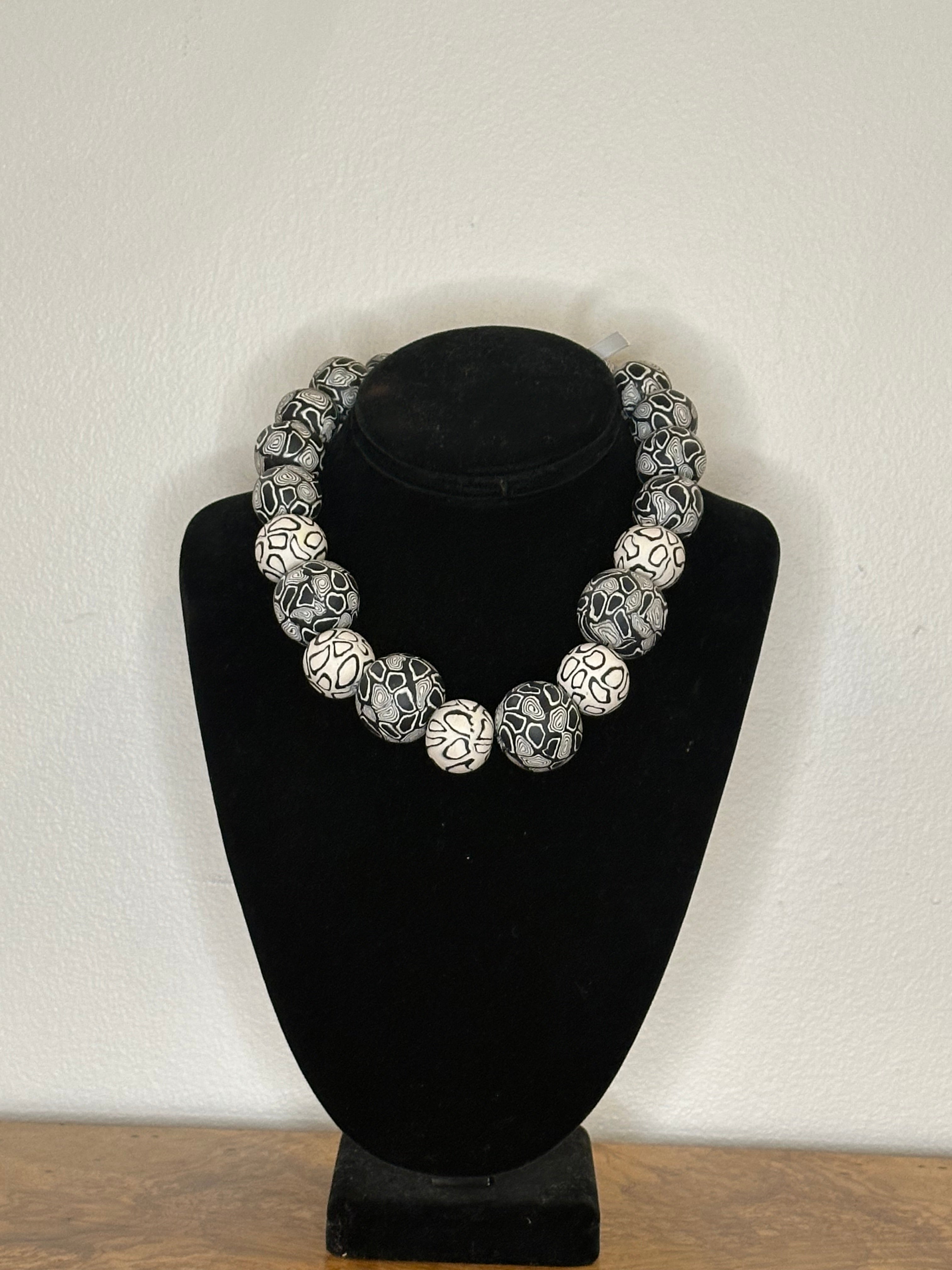 Black White Stained Glass Bead Necklace