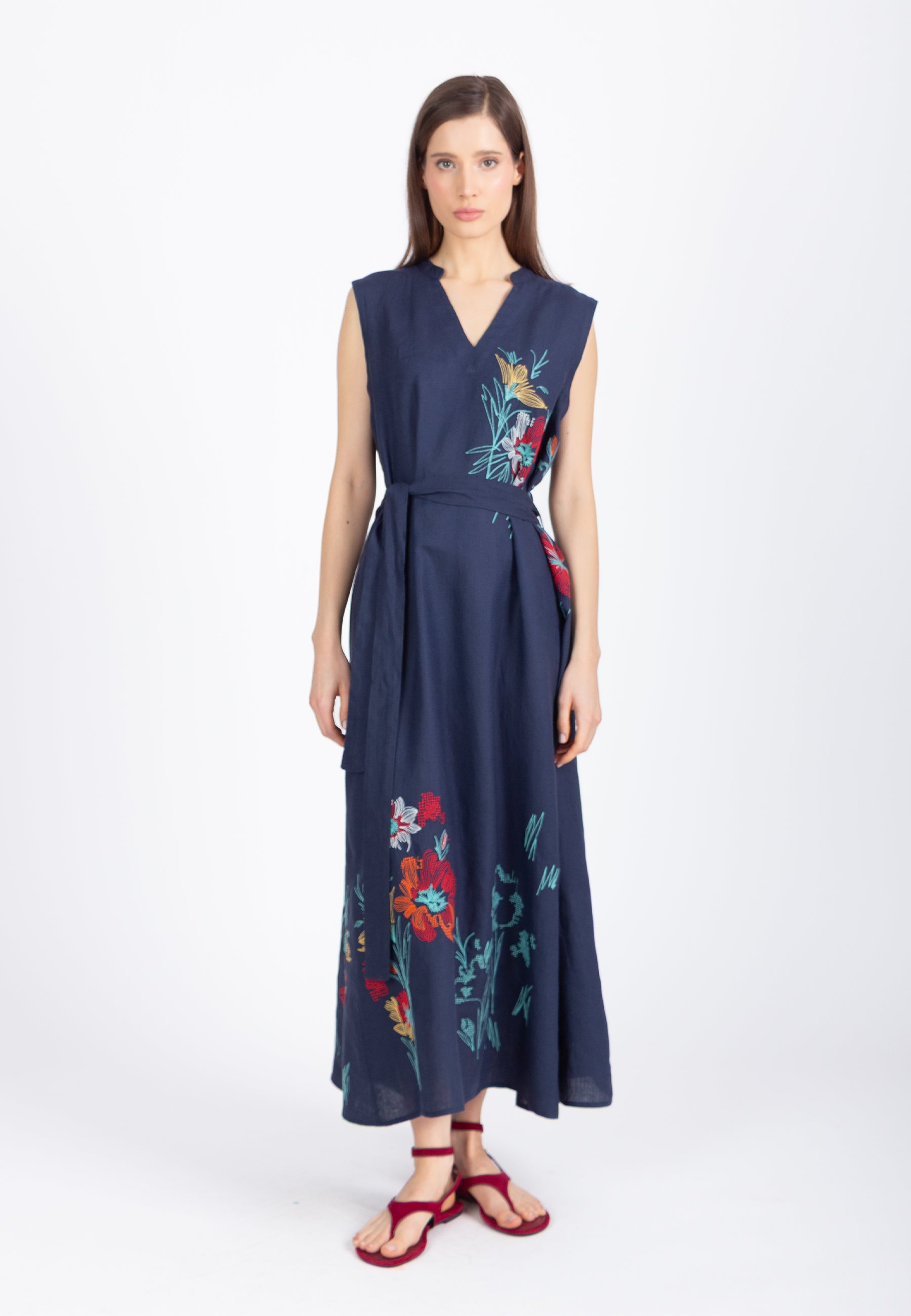 Linen Dress with Embroidery, Floral Pattern