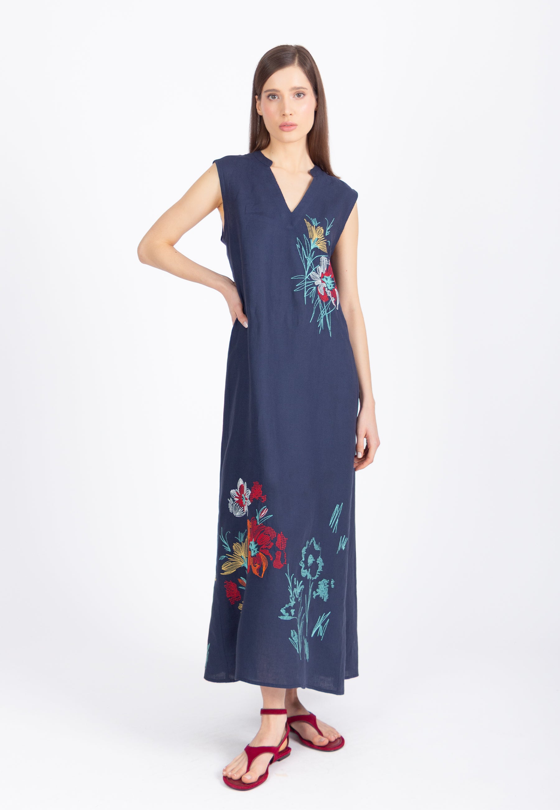 Linen Dress with Embroidery, Floral Pattern