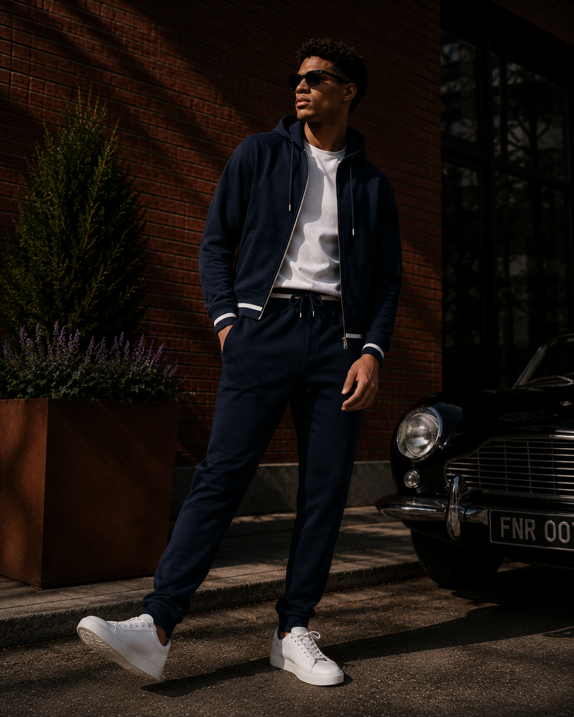 A man wearing a navy blue zip-up hoodie and matching navy trousers with white sneakers, standing outdoors in front of a brick wall next to a classic car.