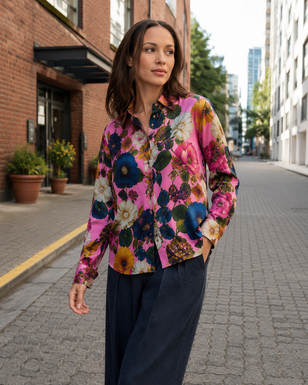 A woman stands on a city street wearing a long-sleeve button-up blouse with a dense multicolor floral print on a pink base, paired with dark navy wide-leg pants.