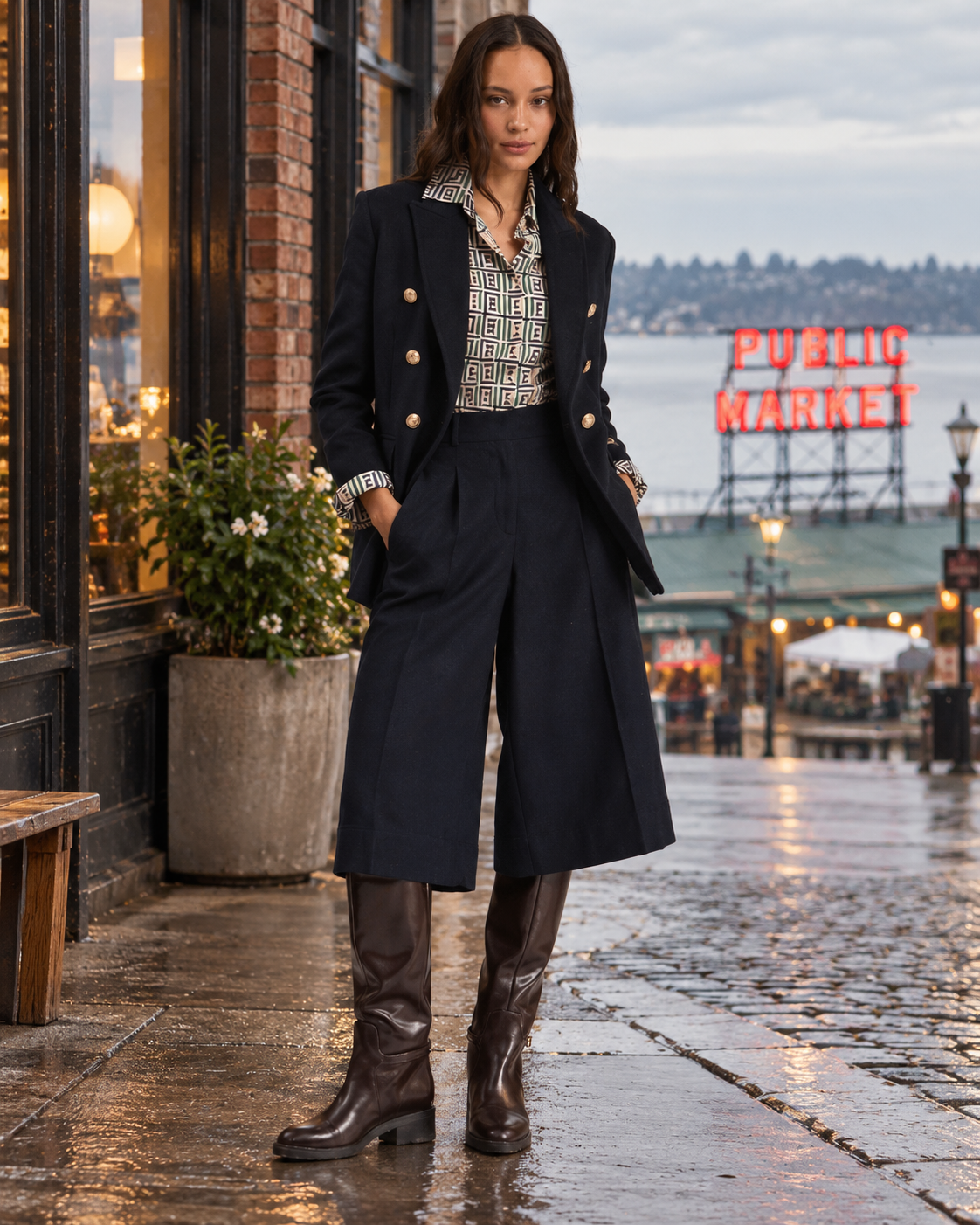A woman stands on a wet city sidewalk wearing a tailored navy double-breasted blazer, wide-leg navy trousers, a patterned button-front shirt, and tall brown boots. A brick storefront, potted plant, water, and a red 'Public Market' sign are visible in the background.