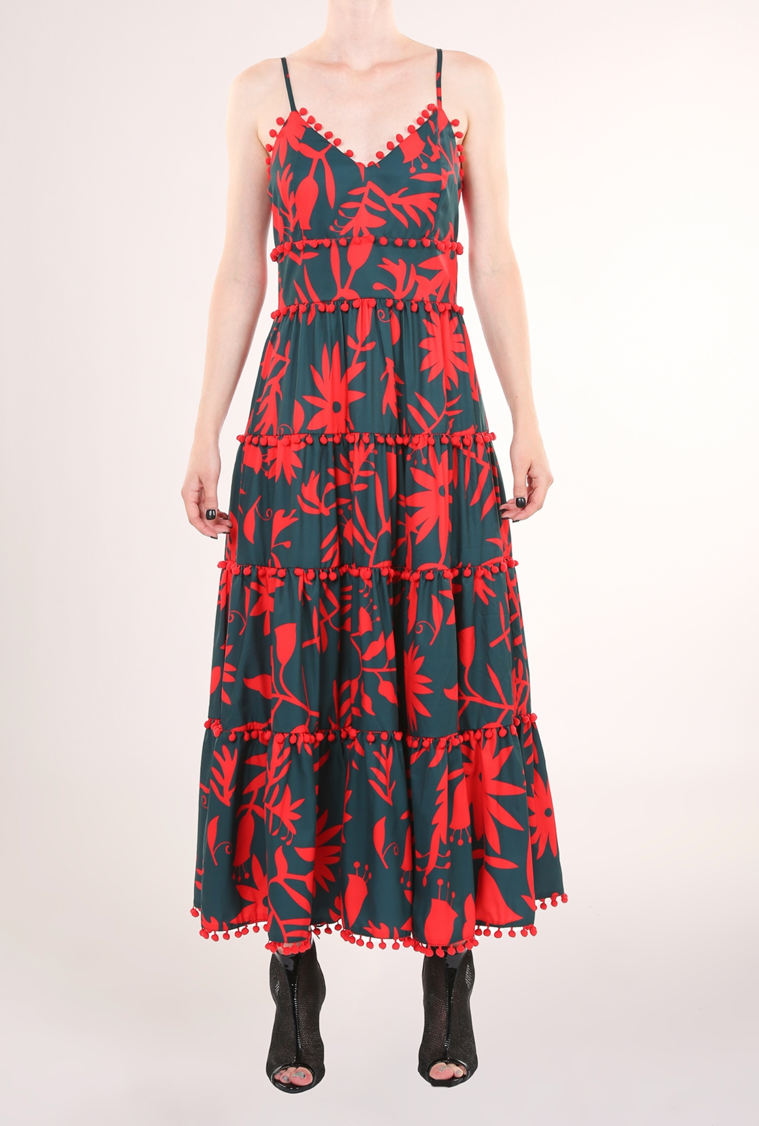 Contrast Floral Print Pom Tiered Maxi Slip Dress