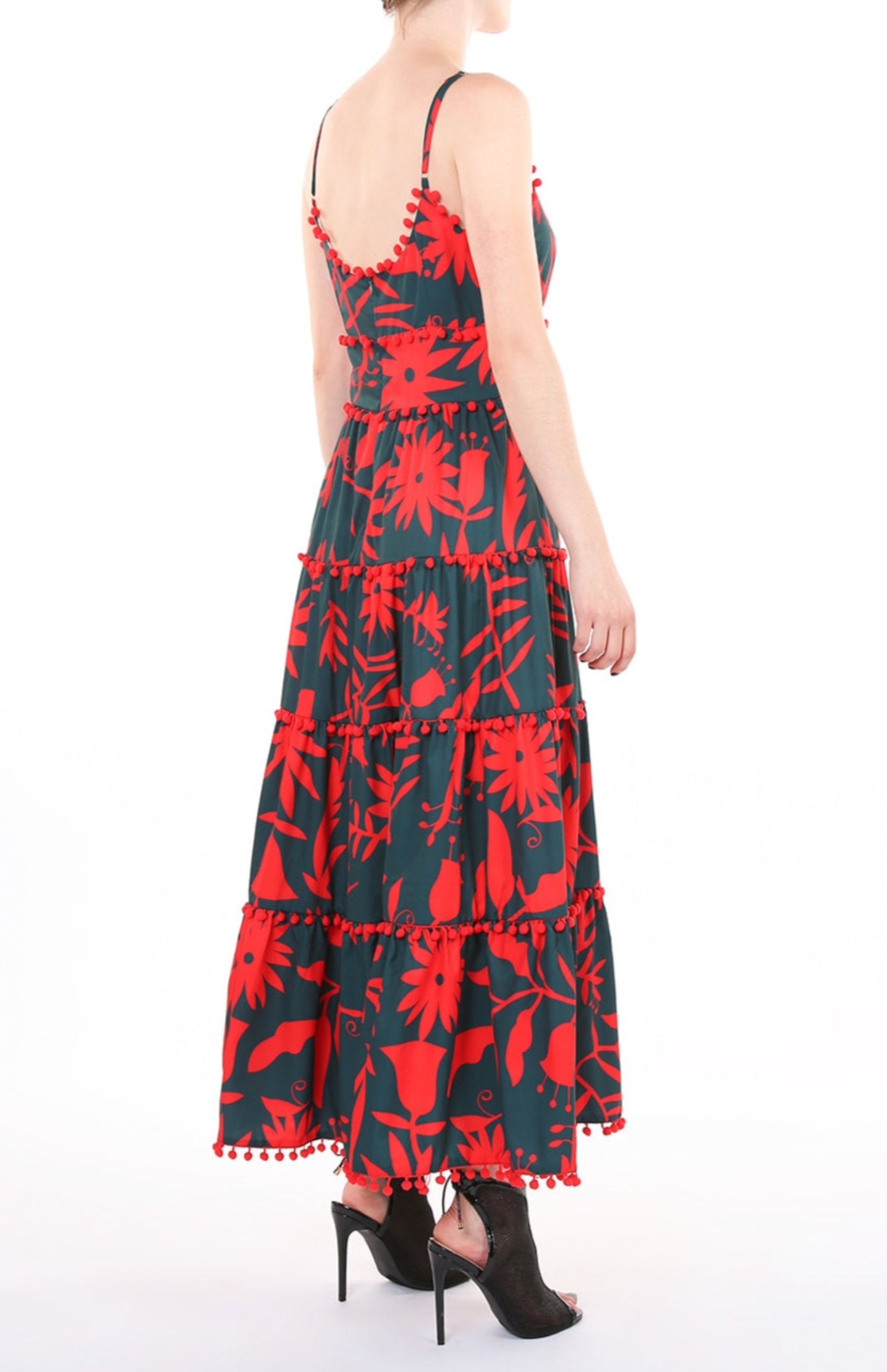 Contrast Floral Print Pom Tiered Maxi Slip Dress