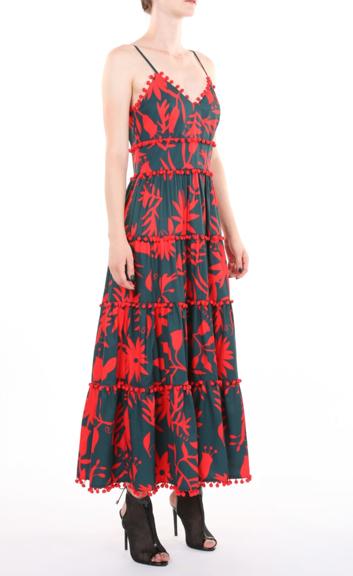 Contrast Floral Print Pom Tiered Maxi Slip Dress