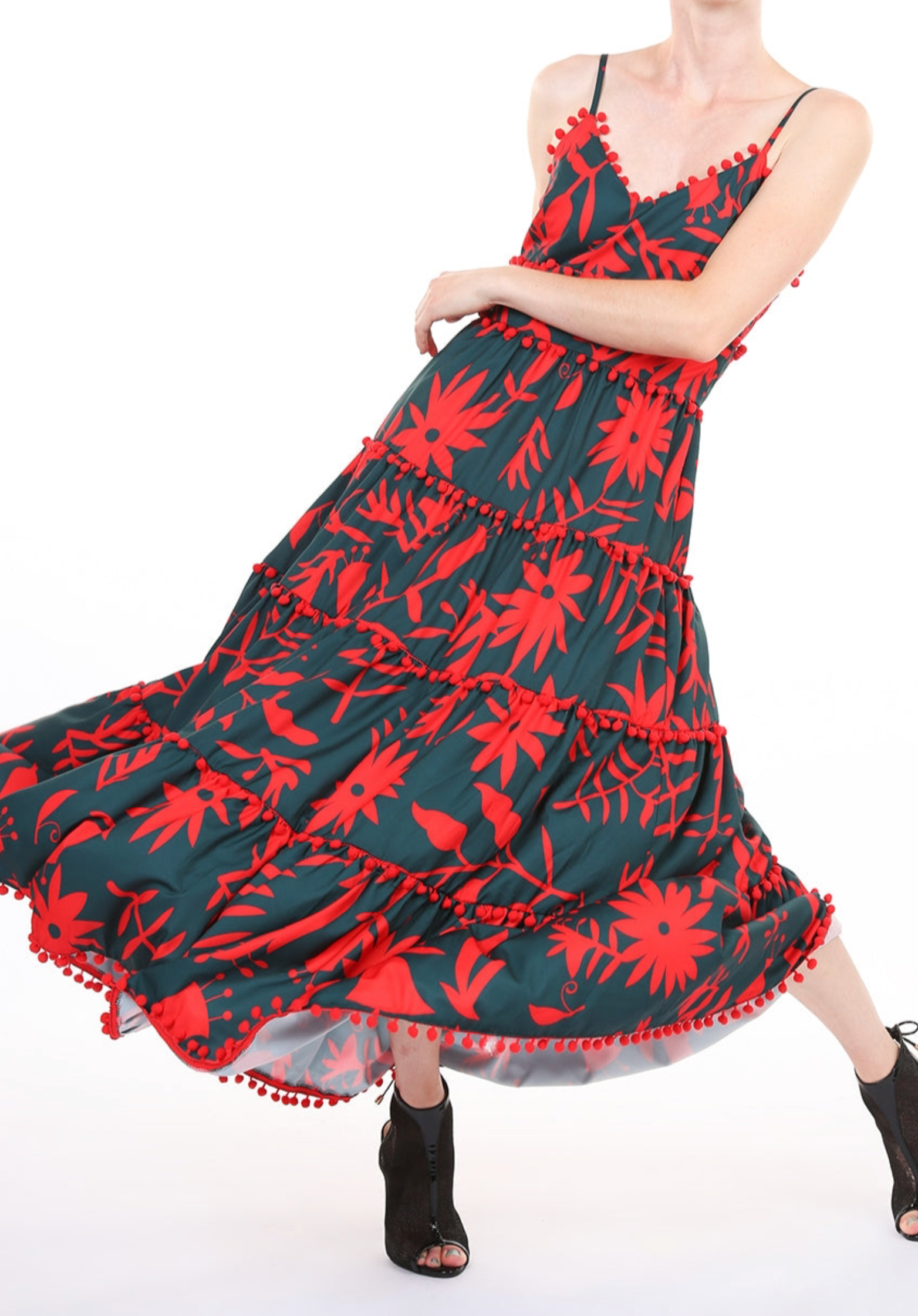 Contrast Floral Print Pom Tiered Maxi Slip Dress