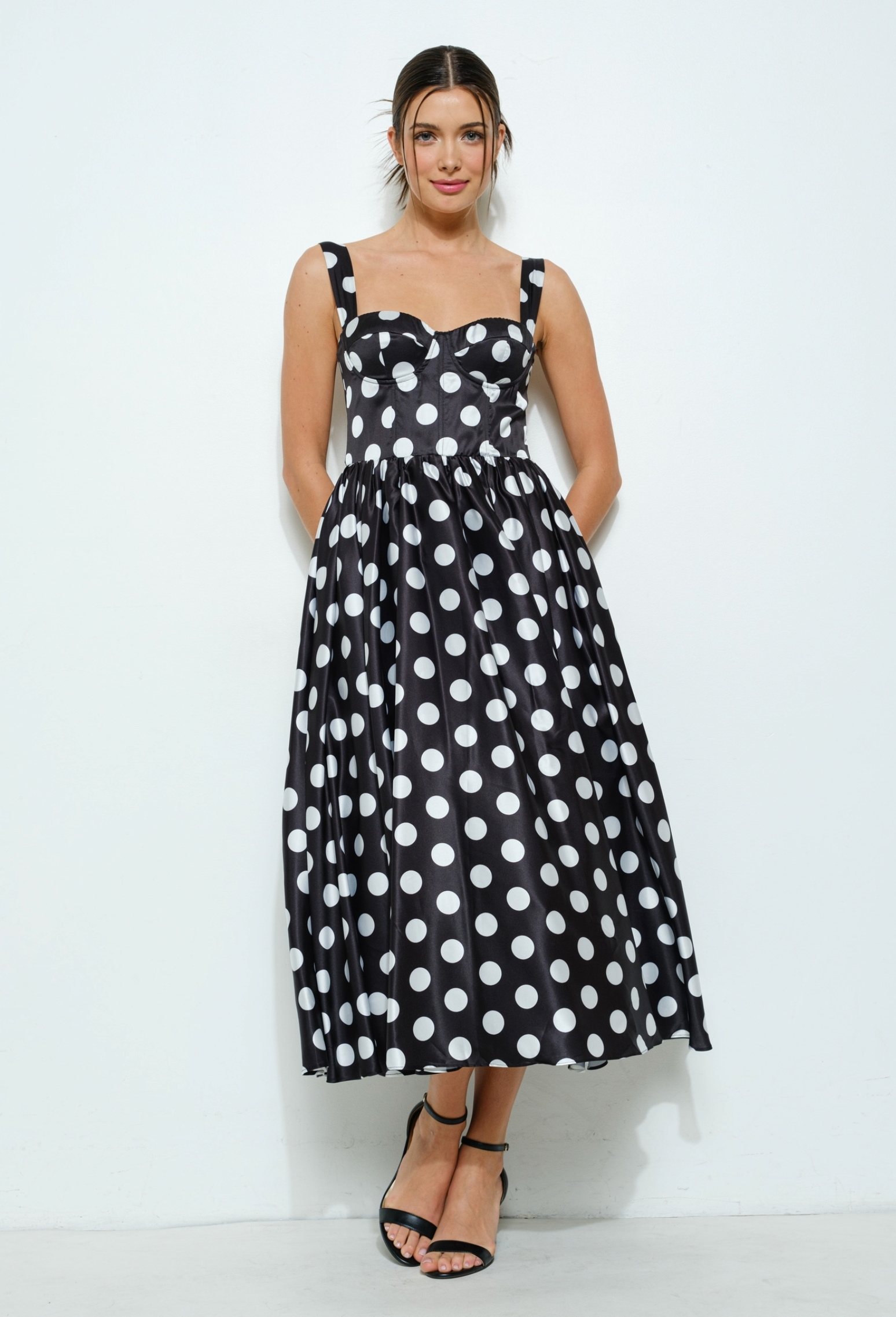Polka Dot Bustier Sweetheart Midi Dress Polka Dot Bustier Sweetheart Midi Dress
