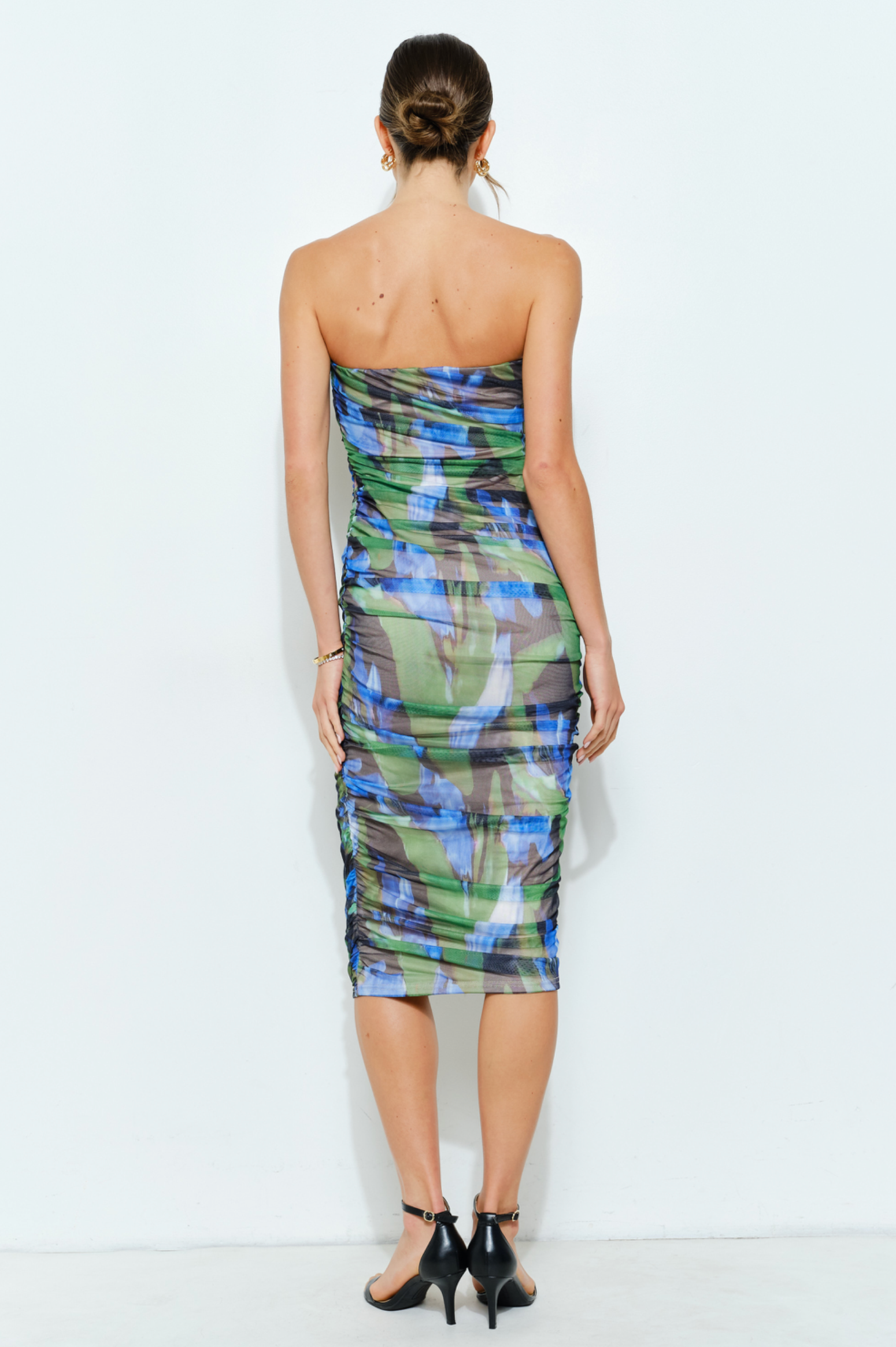 Abstract Print Strapless Ruched Midi Dress
