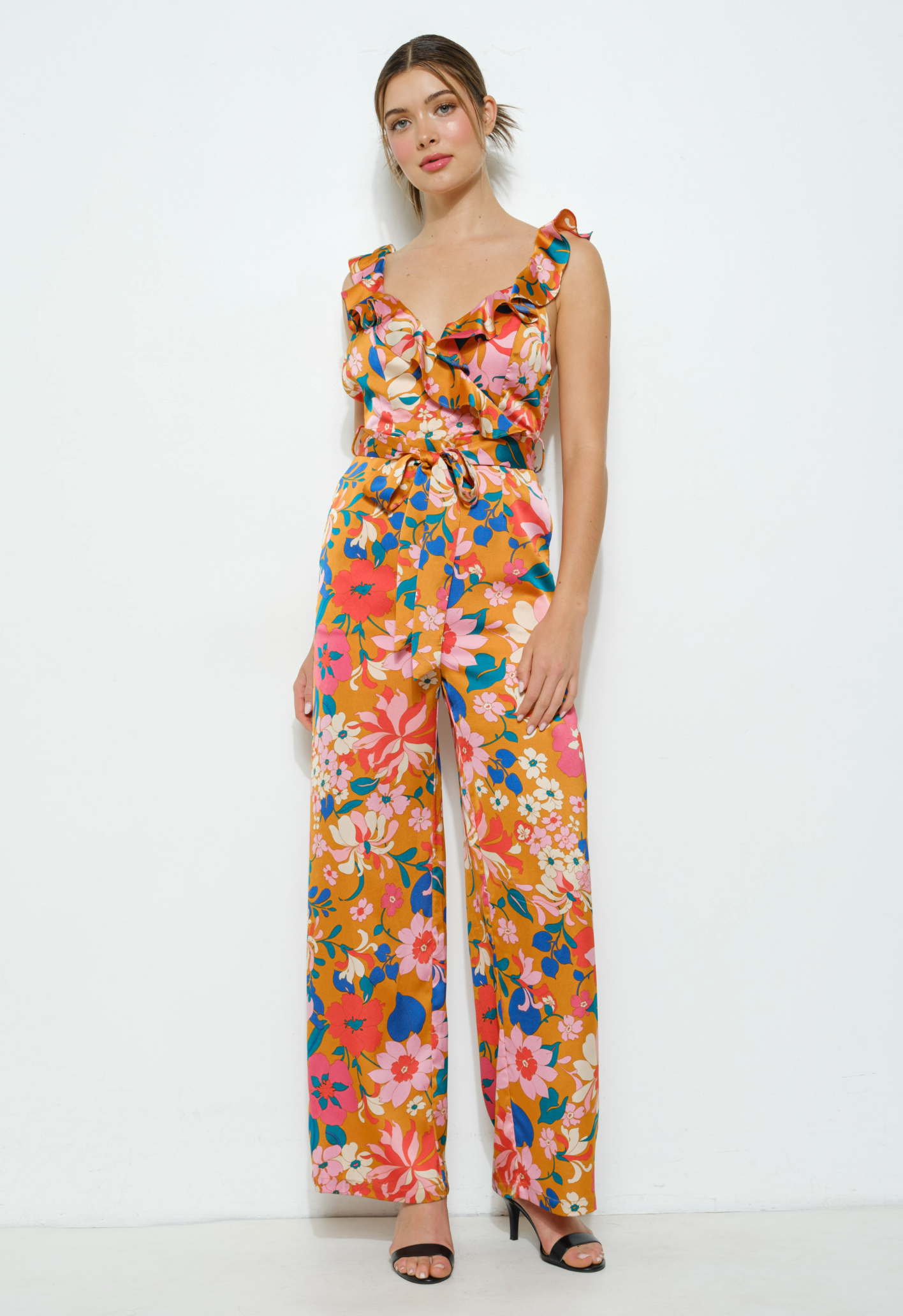 Floral Ruffle Trim Sleeveless Wide-Leg Jumpsuit