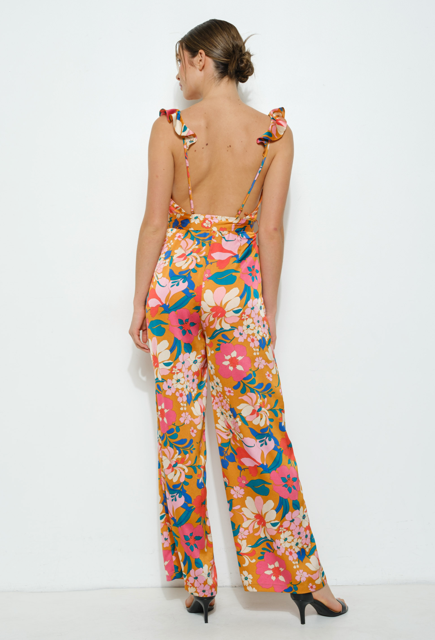Floral Ruffle Trim Sleeveless Wide-Leg Jumpsuit