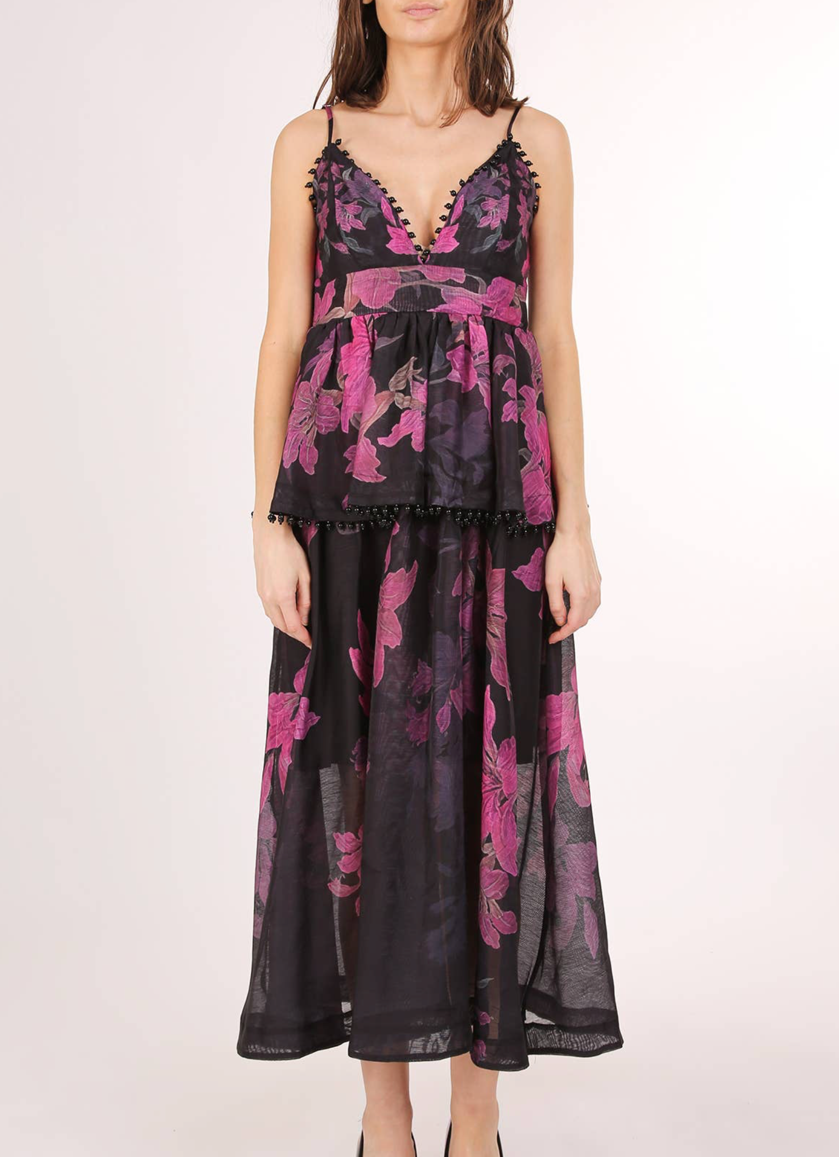 Trim Tiered and beaded Floral Print Maxi Slip Dress