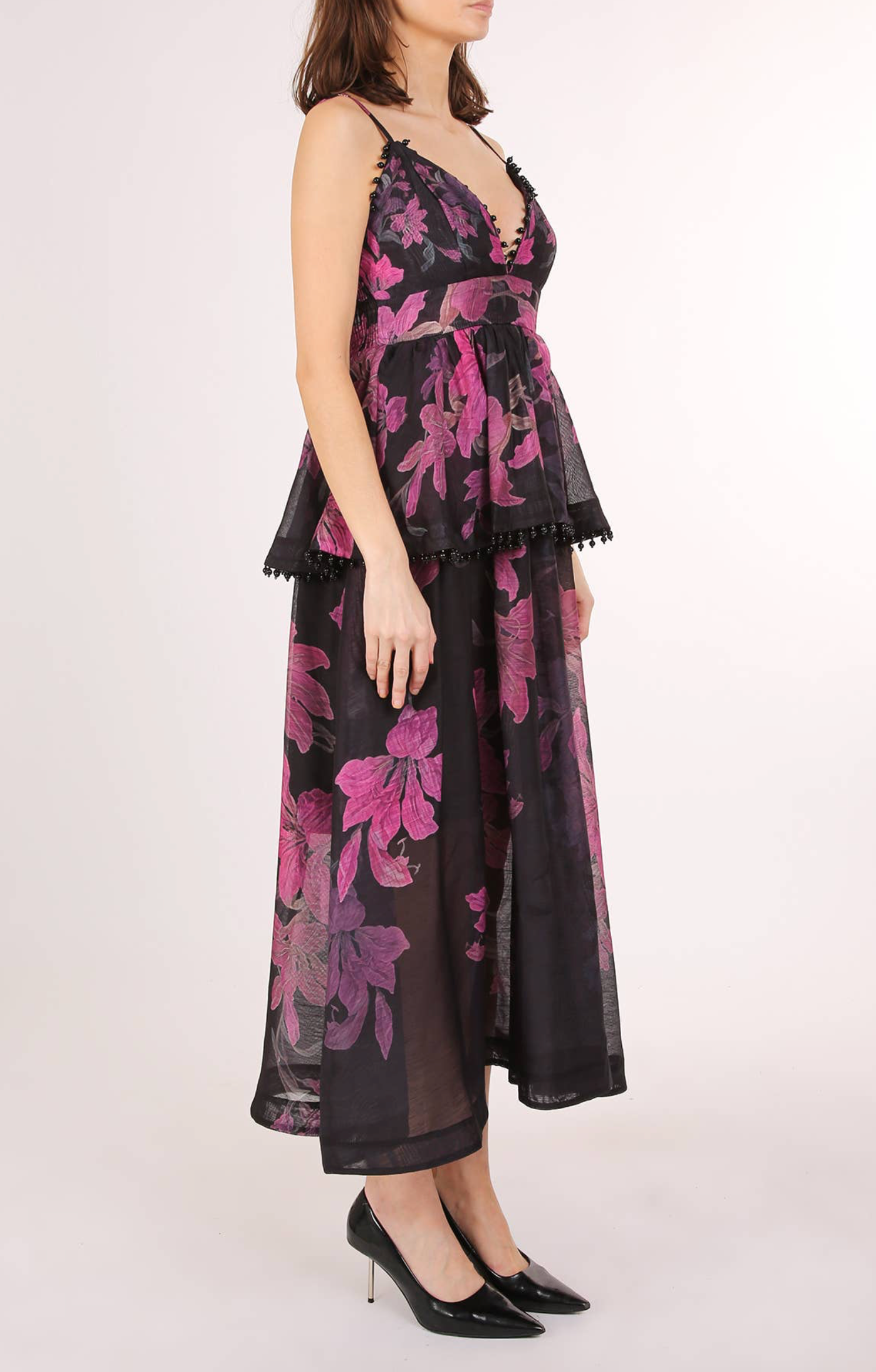 Trim Tiered and beaded Floral Print Maxi Slip Dress