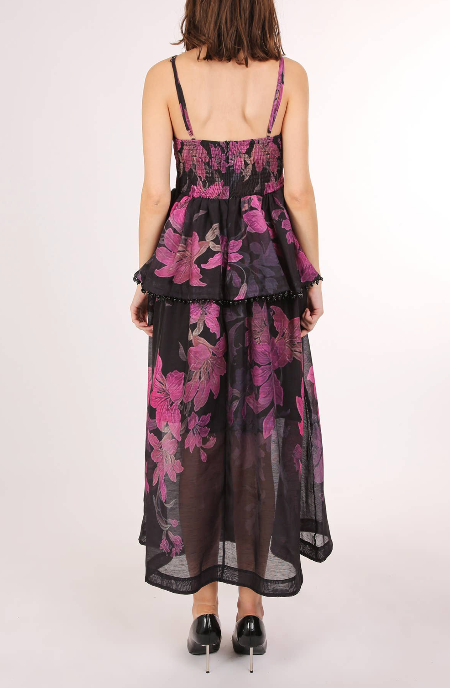 Trim Tiered and beaded Floral Print Maxi Slip Dress