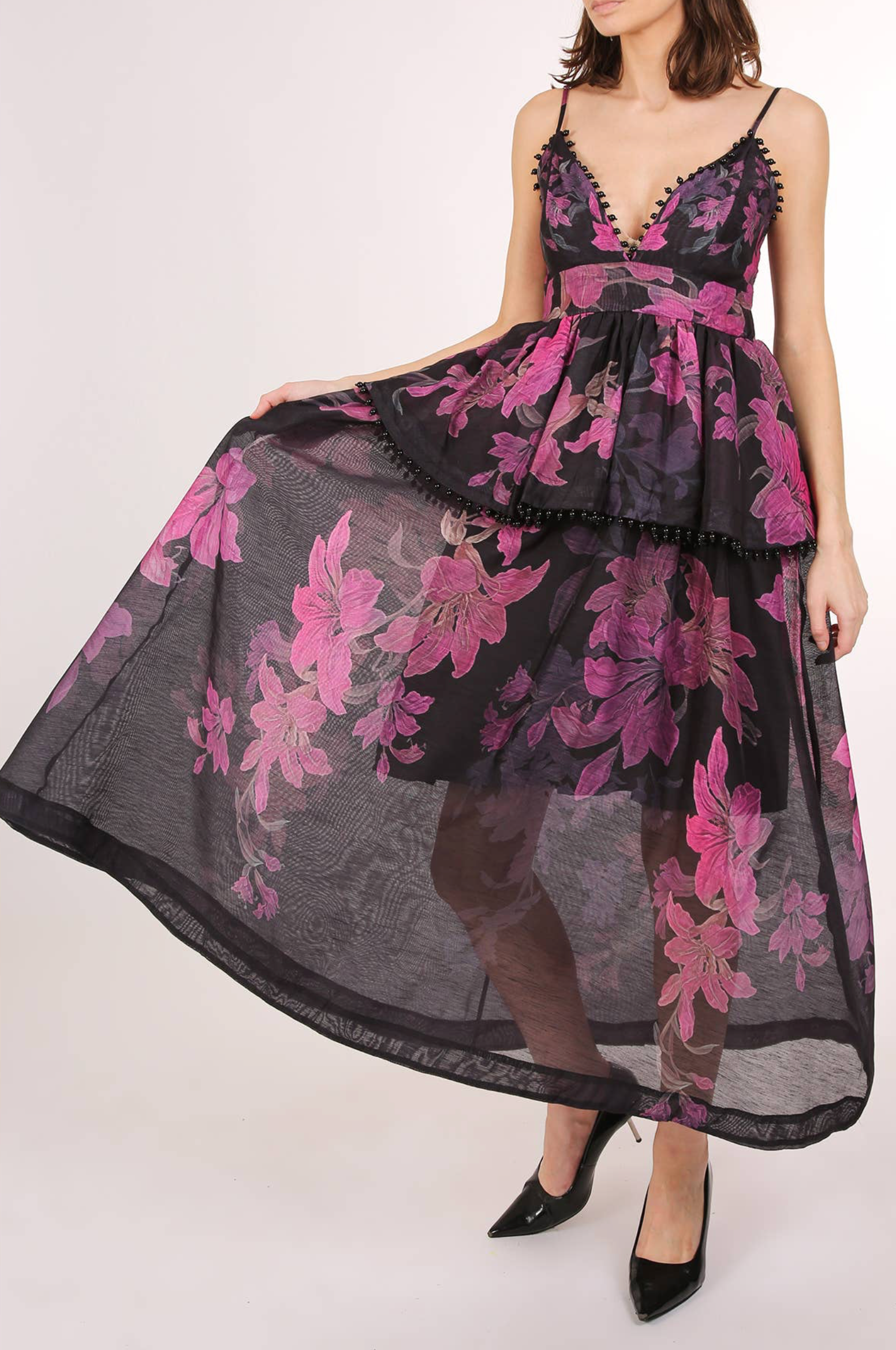 Trim Tiered and beaded Floral Print Maxi Slip Dress