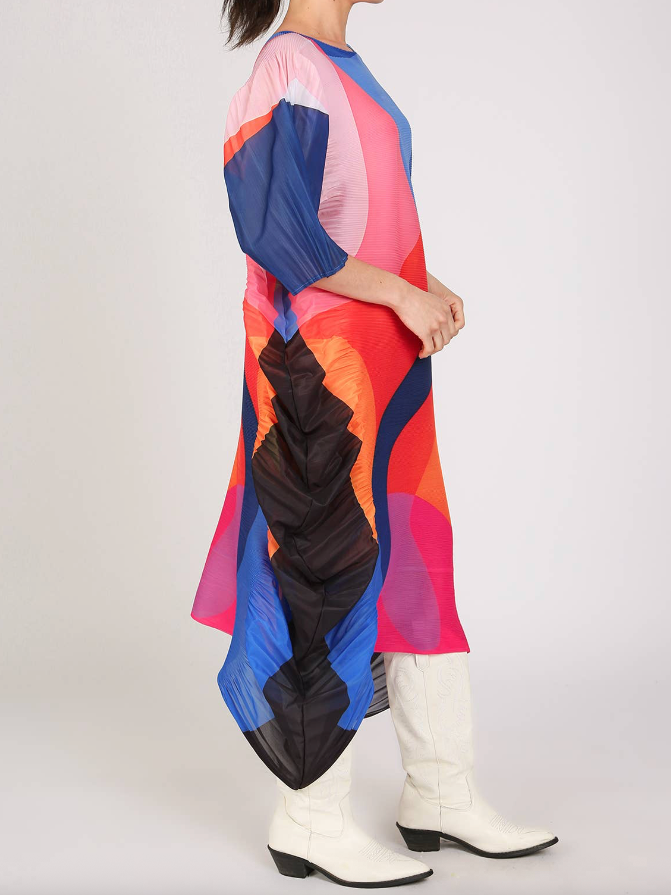 Multicolor Abstract Print Flare Pleats Midi Dress
