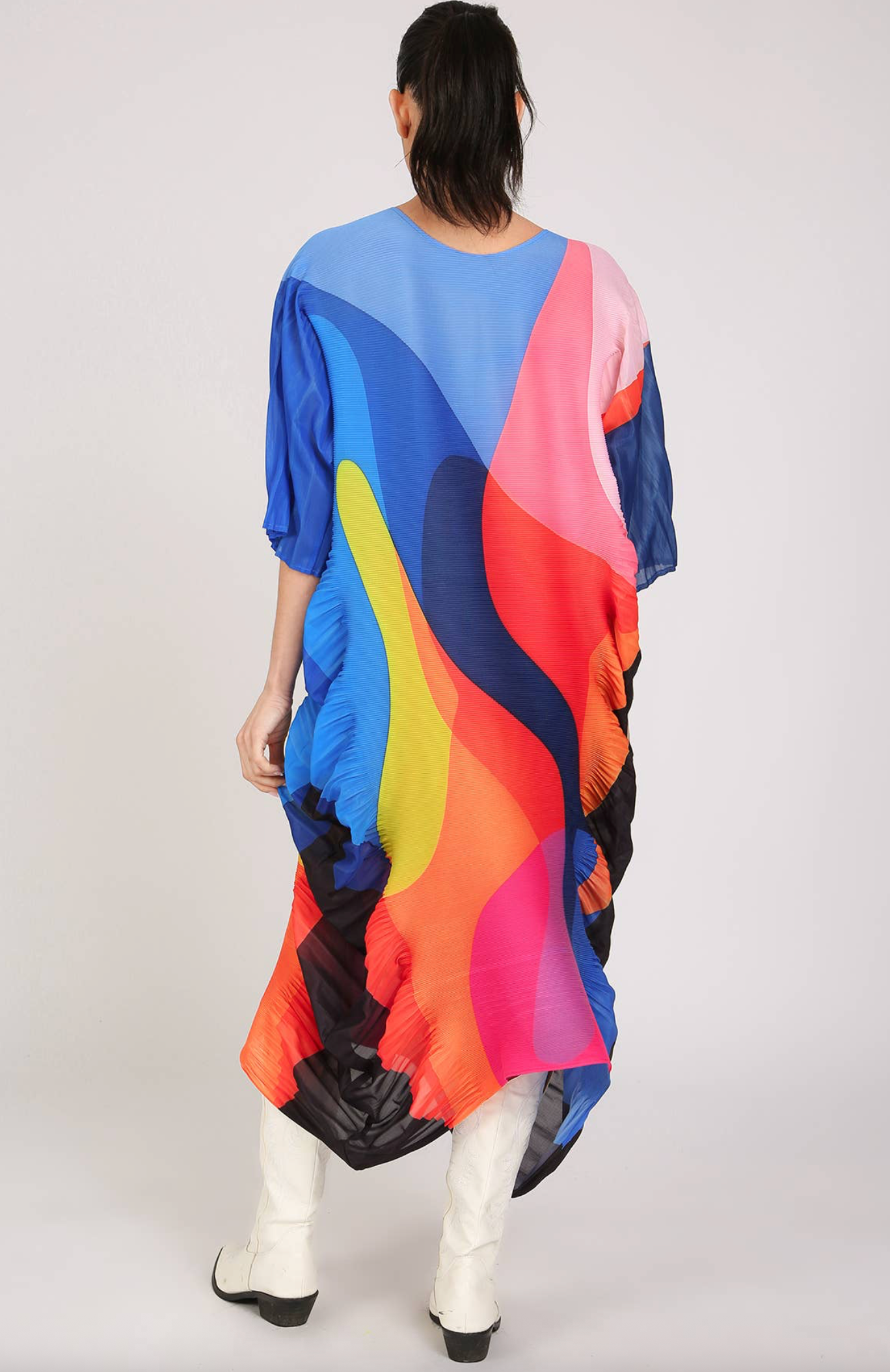 Multicolor Abstract Print Flare Pleats Midi Dress