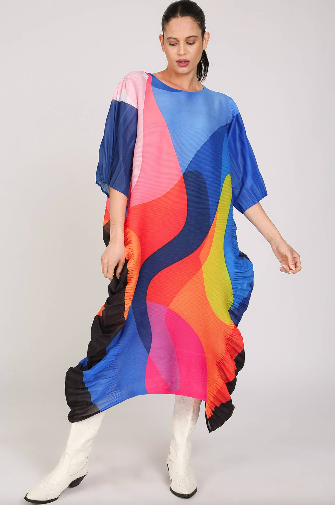 Multicolor Abstract Print Flare Pleats Midi Dress