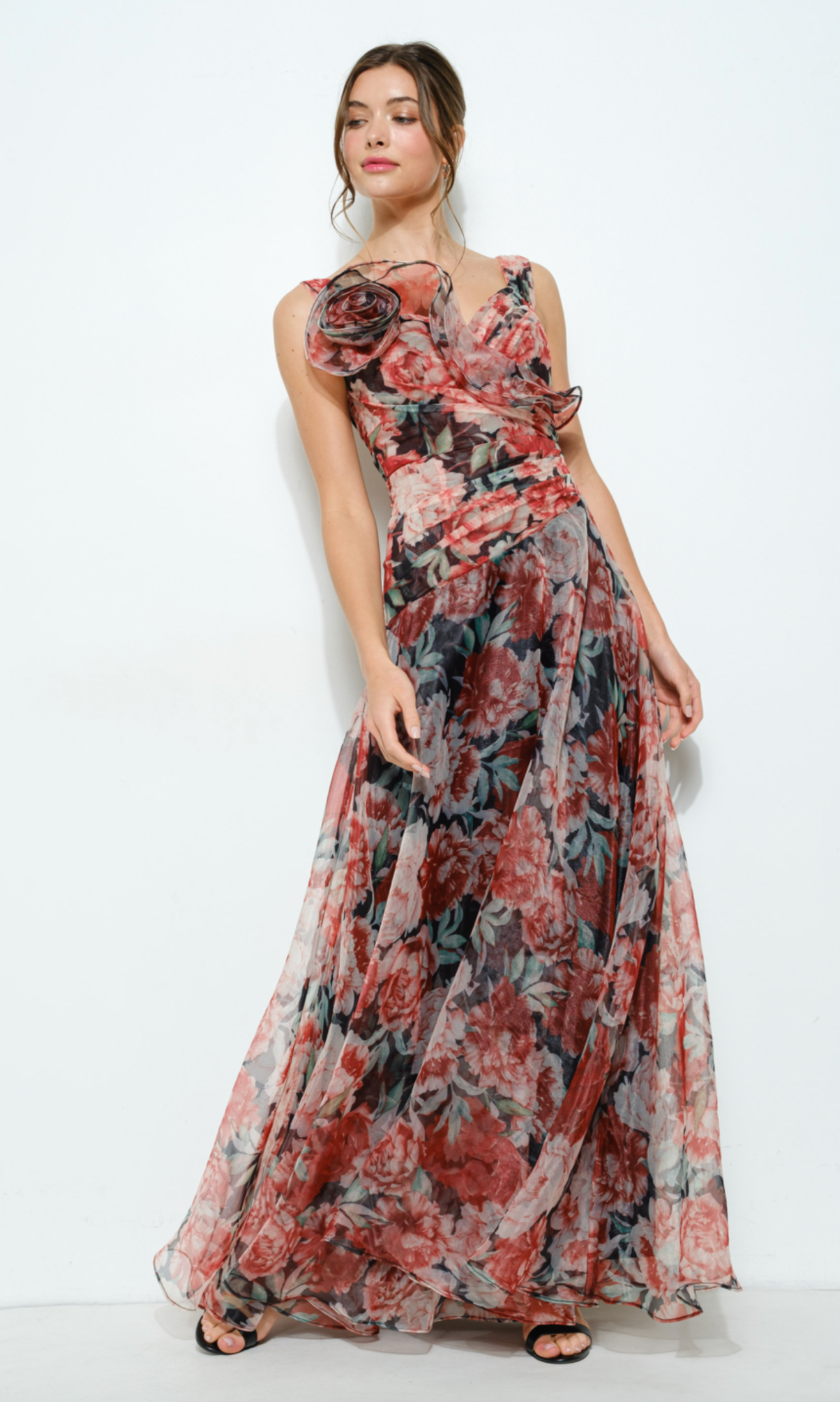 Floral Applique Shoulder Chiffon Maxi Dress