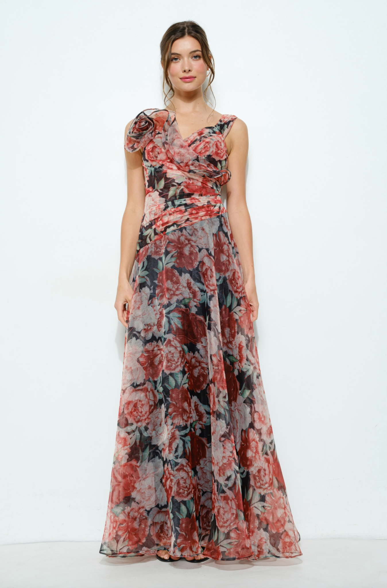 Floral Applique Shoulder Chiffon Maxi Dress