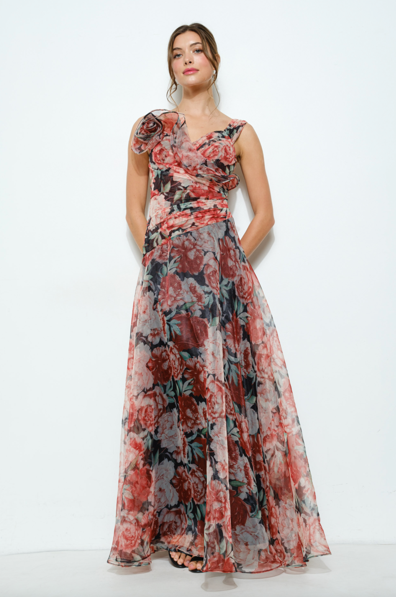 Floral Applique Shoulder Chiffon Maxi Dress