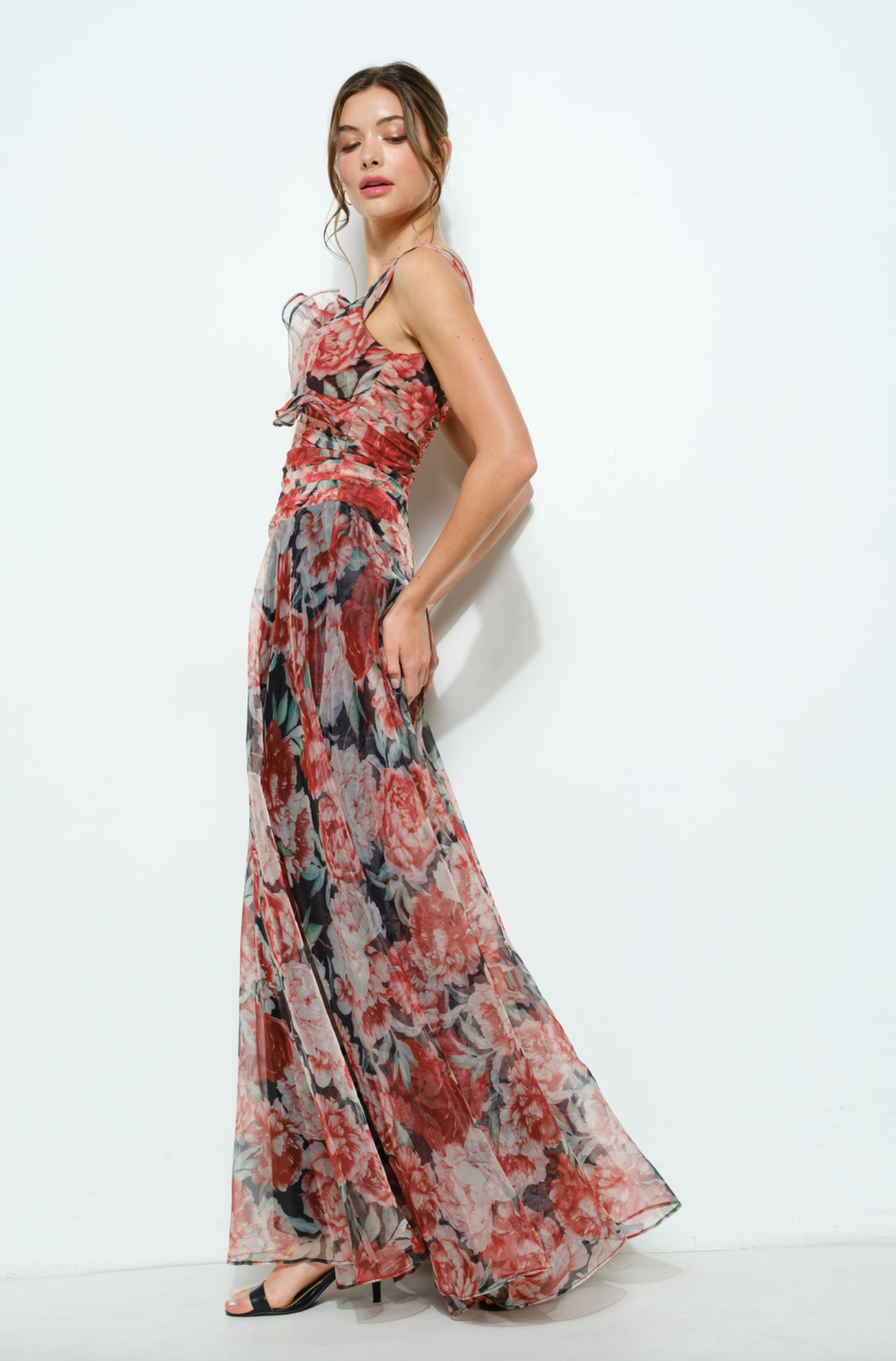 Floral Applique Shoulder Chiffon Maxi Dress