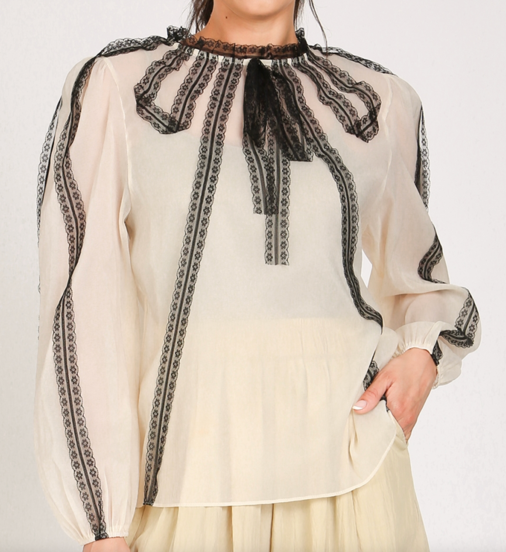 Contrast Lace Detail On Sheer Organza Blouse QC2101