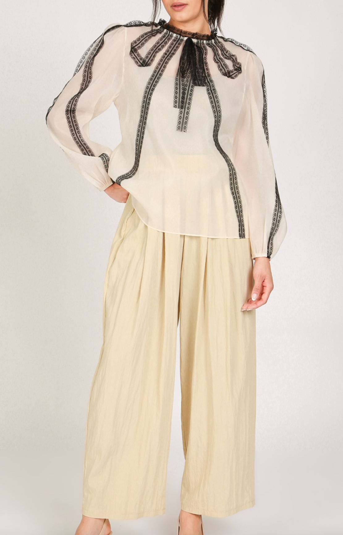 Contrast Lace Detail On Sheer Organza Blouse QC2101