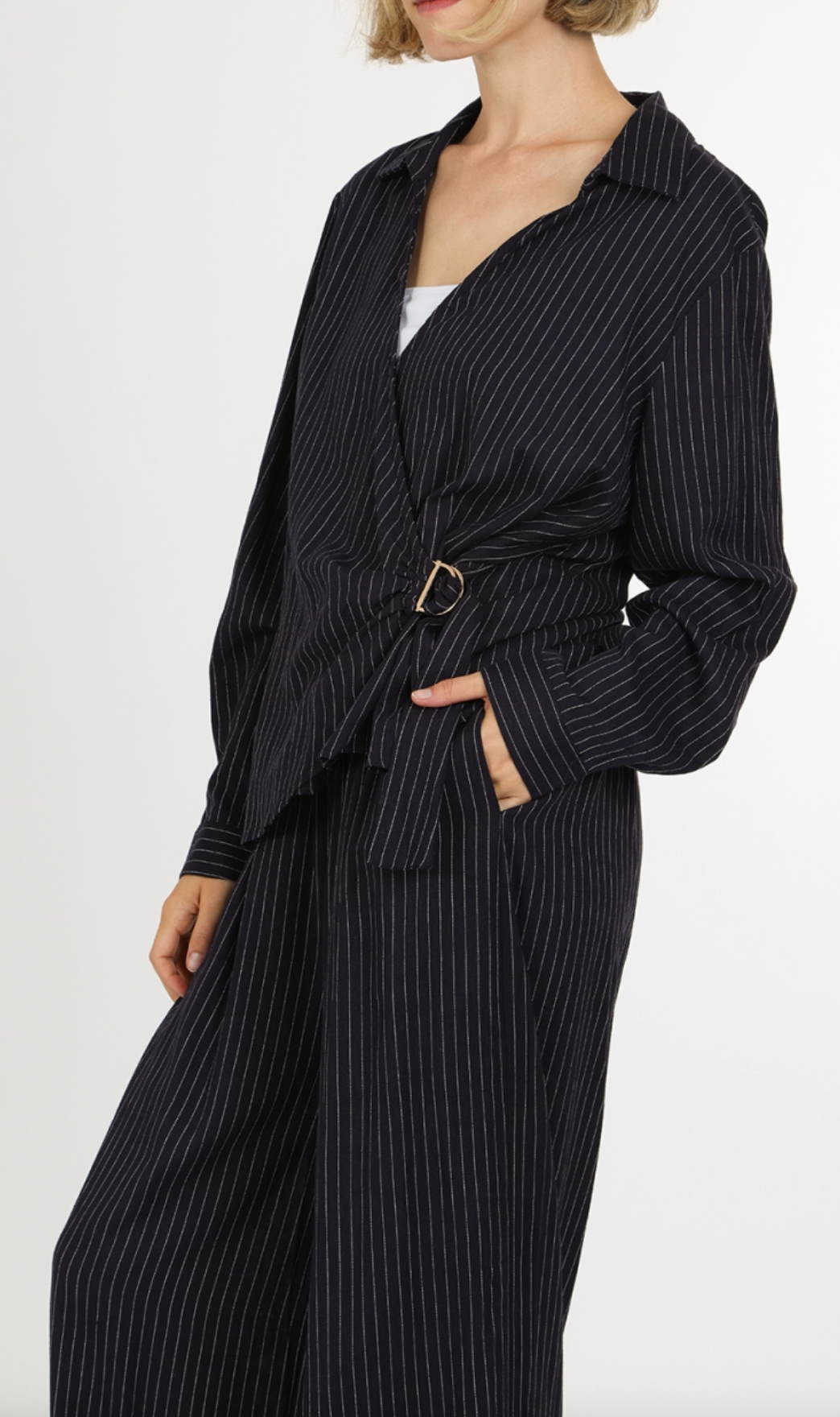 Pin Striped Linen Style Tunic Wrap & Pants Set QC6051