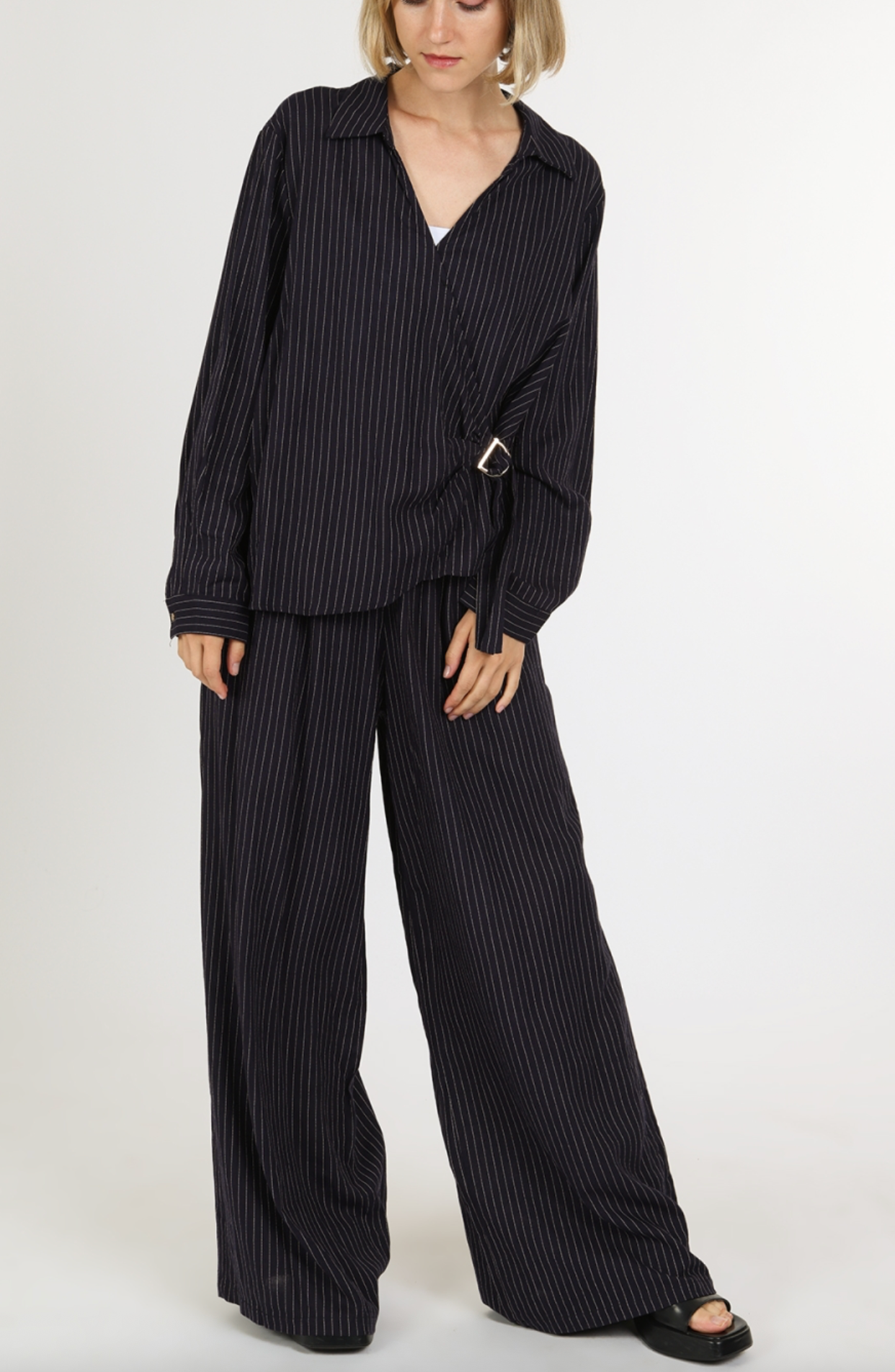 Pin Striped Linen Style Tunic Wrap & Pants Set QC6051