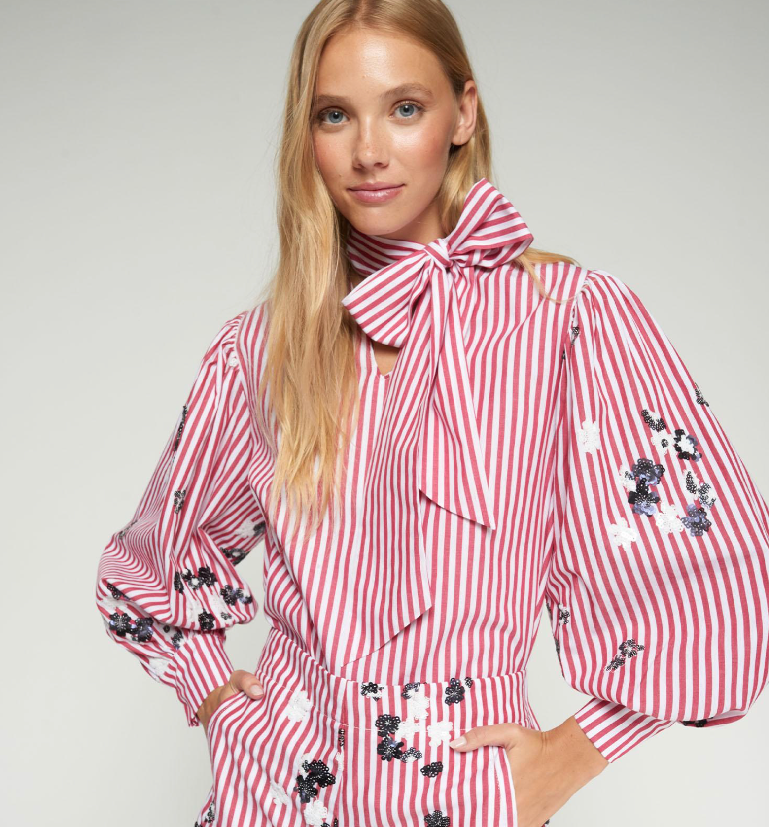 SHIRT WITH BOW, RED STRIPES, FLOWERS, AND SEQUINS
