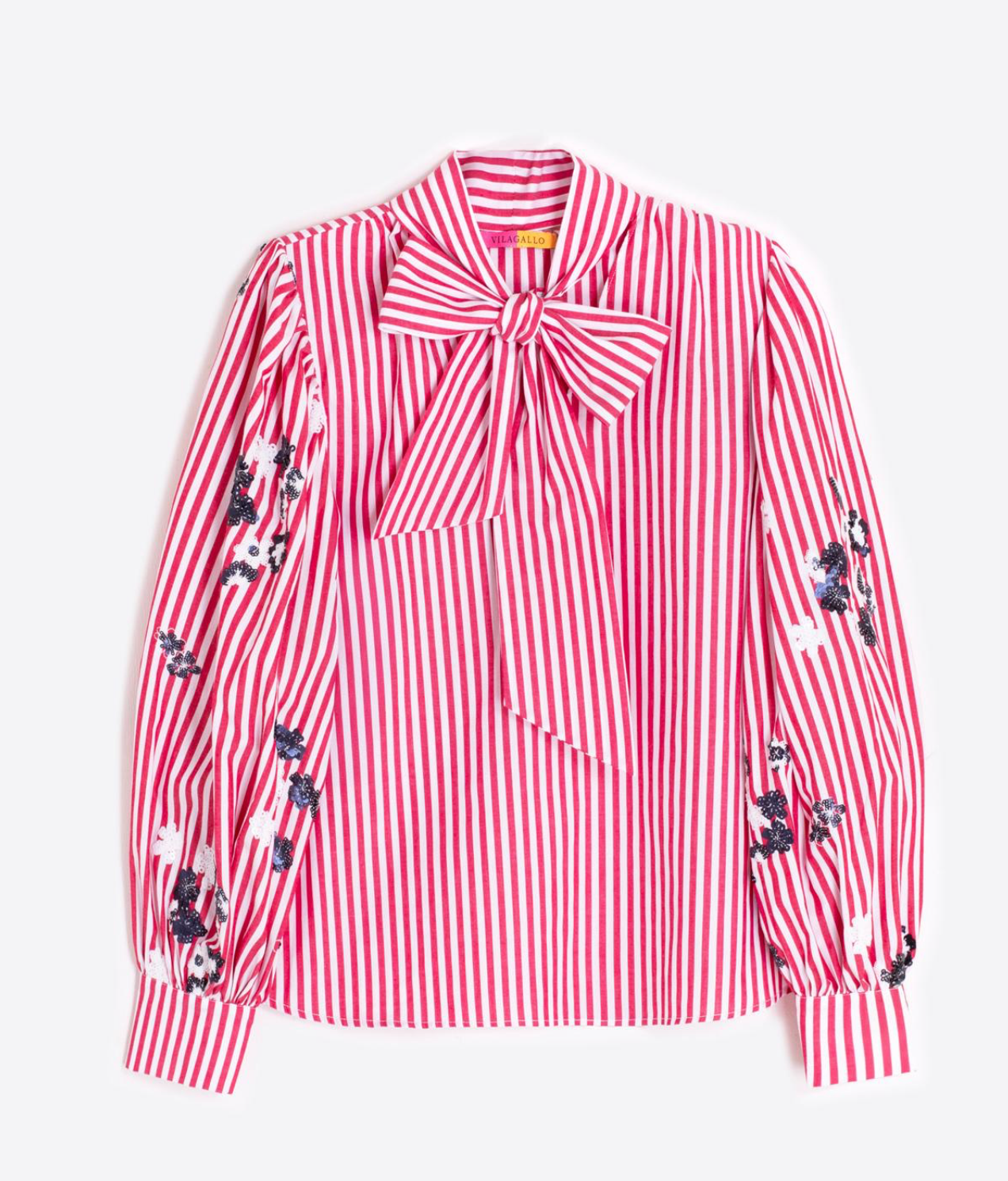 SHIRT WITH BOW, RED STRIPES, FLOWERS, AND SEQUINS