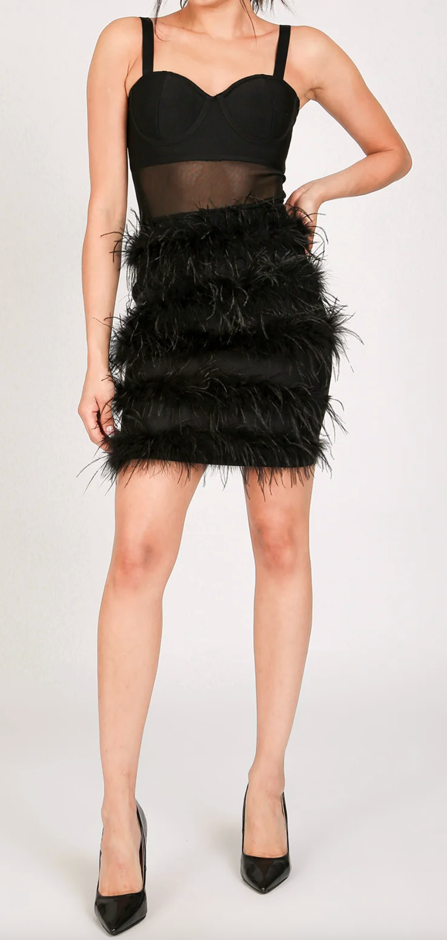 Victoria Tiered Faux Feather Pencil Slip Mini Dress
