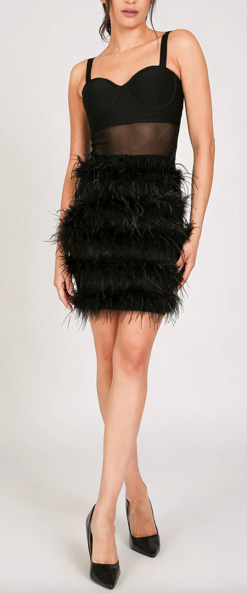 Victoria Tiered Faux Feather Pencil Slip Mini Dress