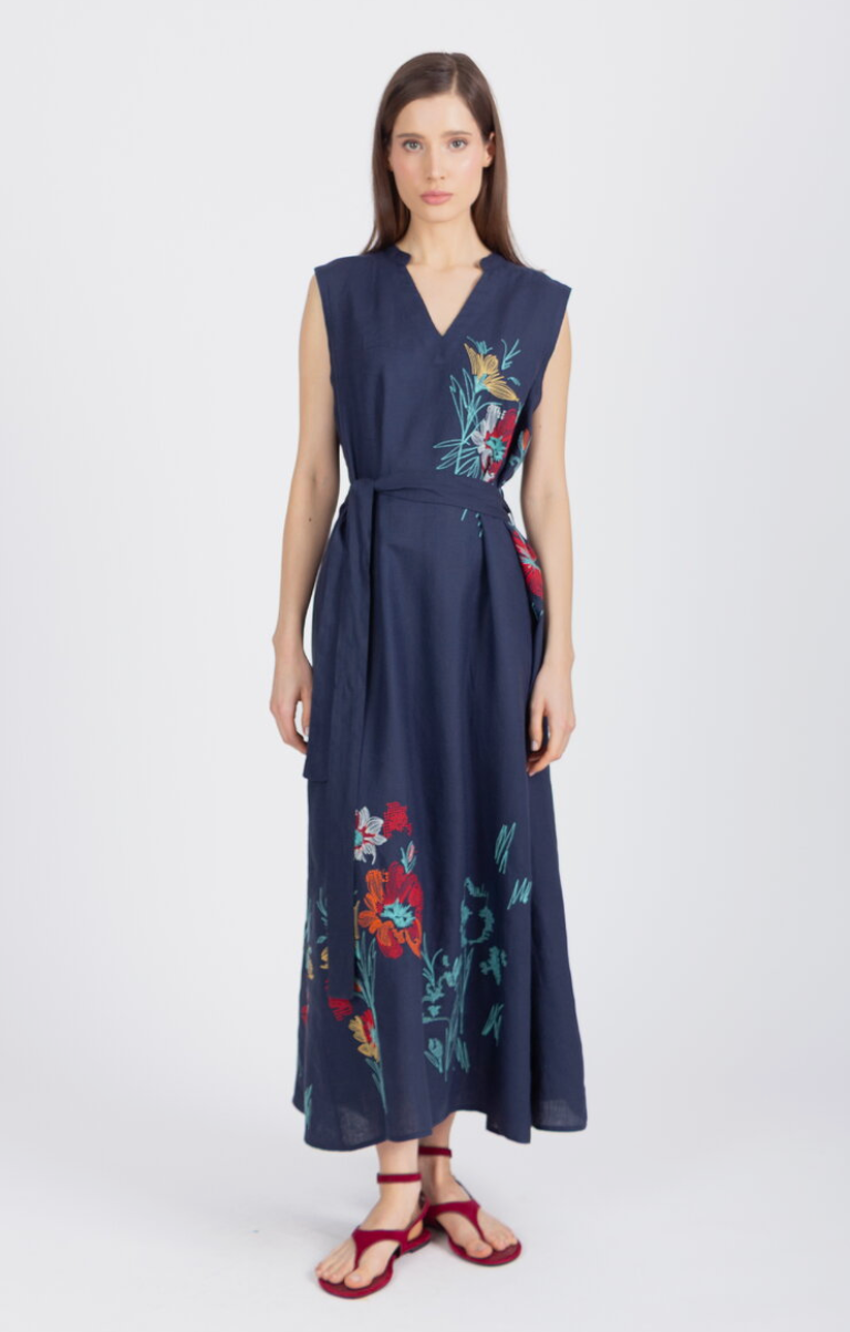 Linen Dress with Floral Embroidery