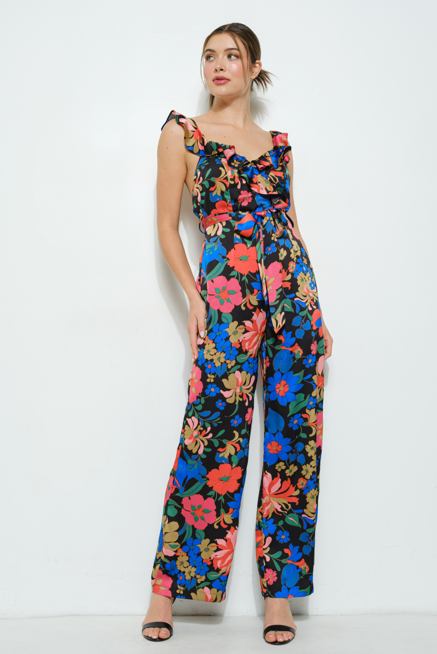 Floral Ruffle Trim Sleeveless Wide-Leg Jumpsuit
