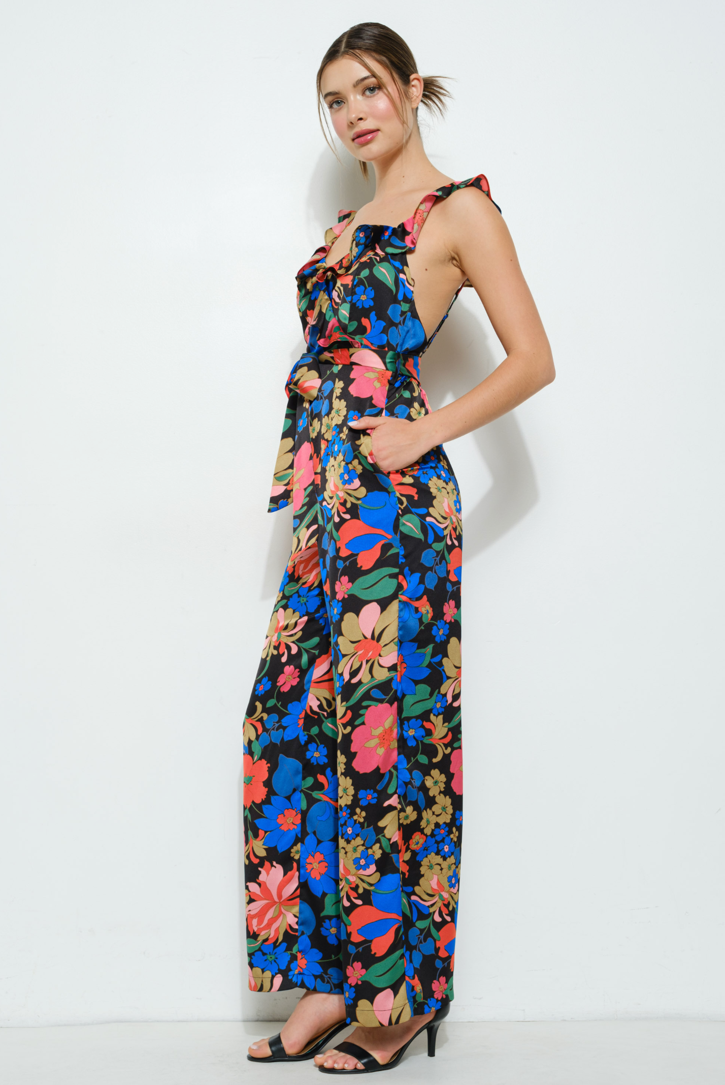 Floral Ruffle Trim Sleeveless Wide-Leg Jumpsuit