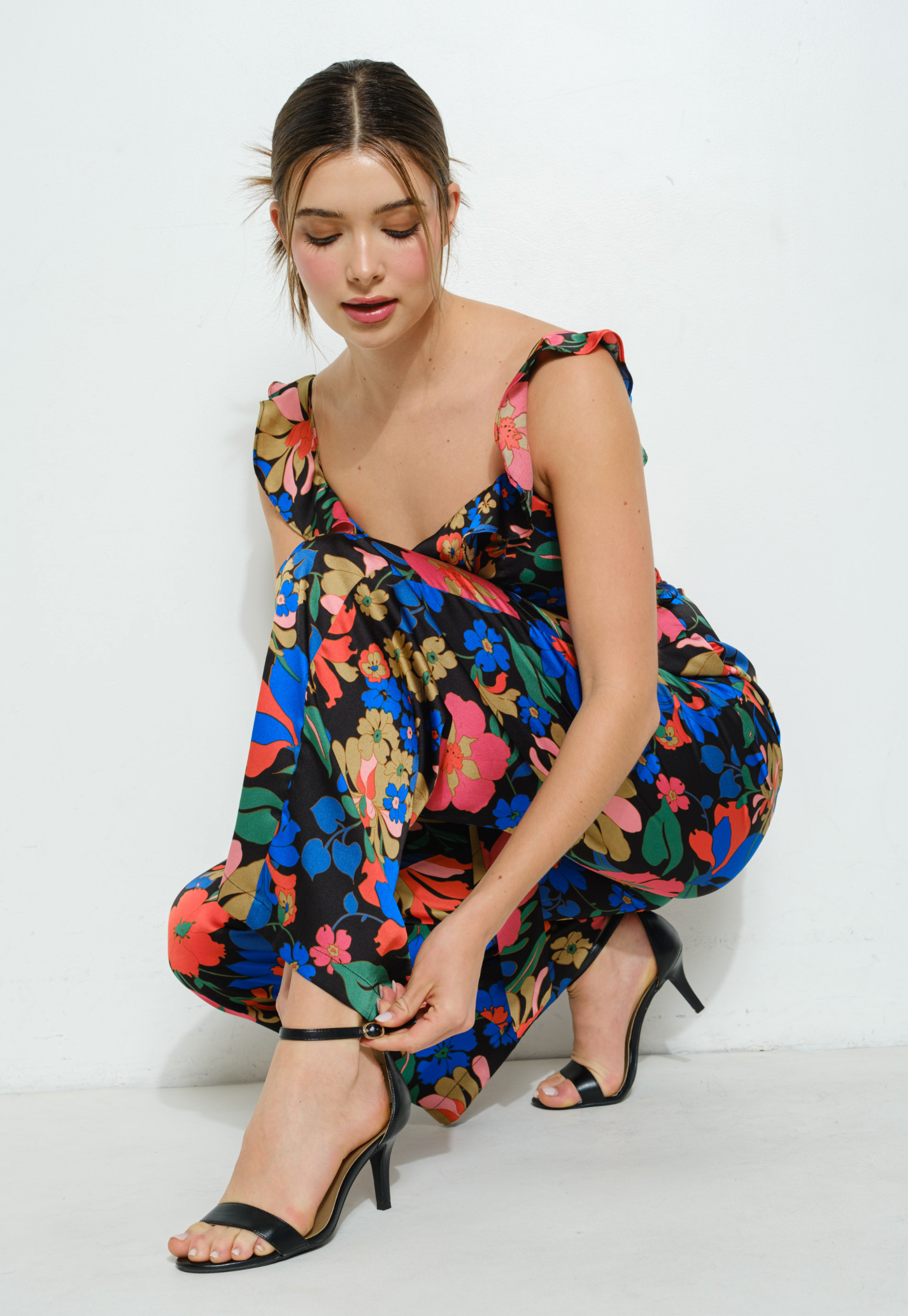 Floral Ruffle Trim Sleeveless Wide-Leg Jumpsuit