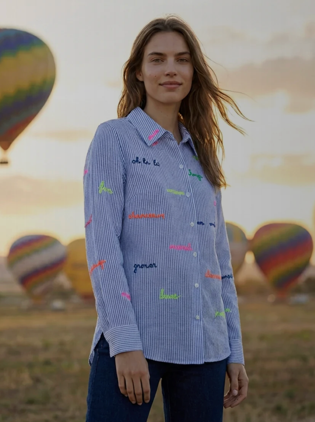 BLUE STRIPED SHIRT WITH EMBROIDERED WORDS