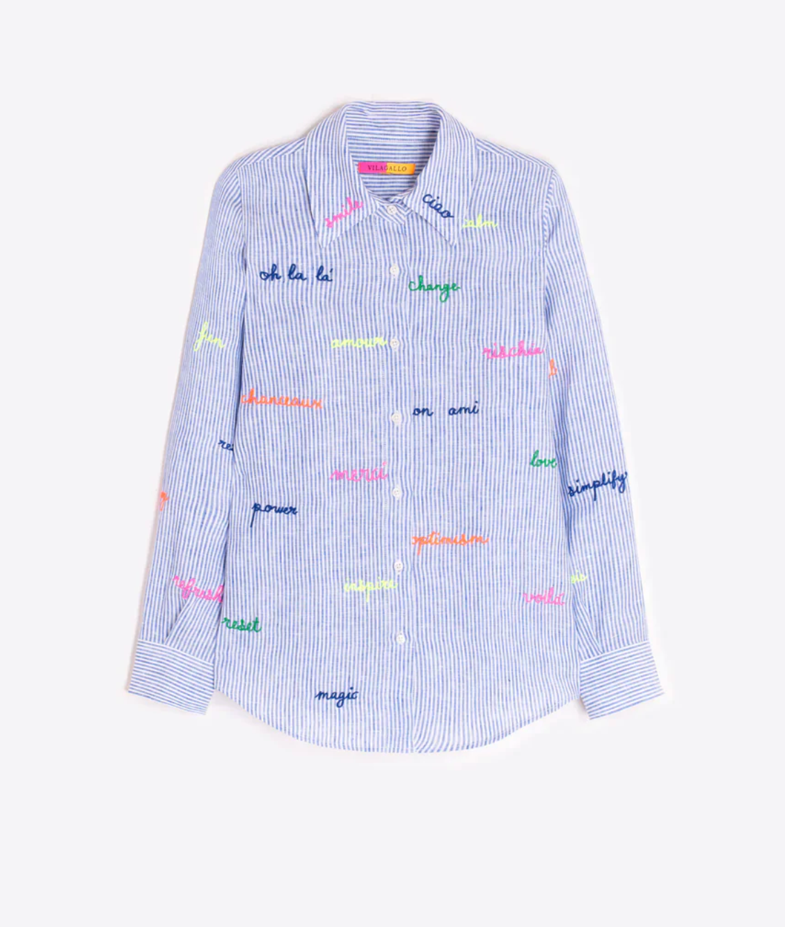 BLUE STRIPED SHIRT WITH EMBROIDERED WORDS