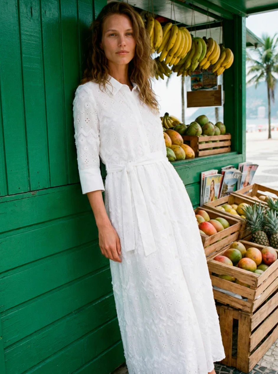 WHITE EMROIDERED DRESS WITH BELT