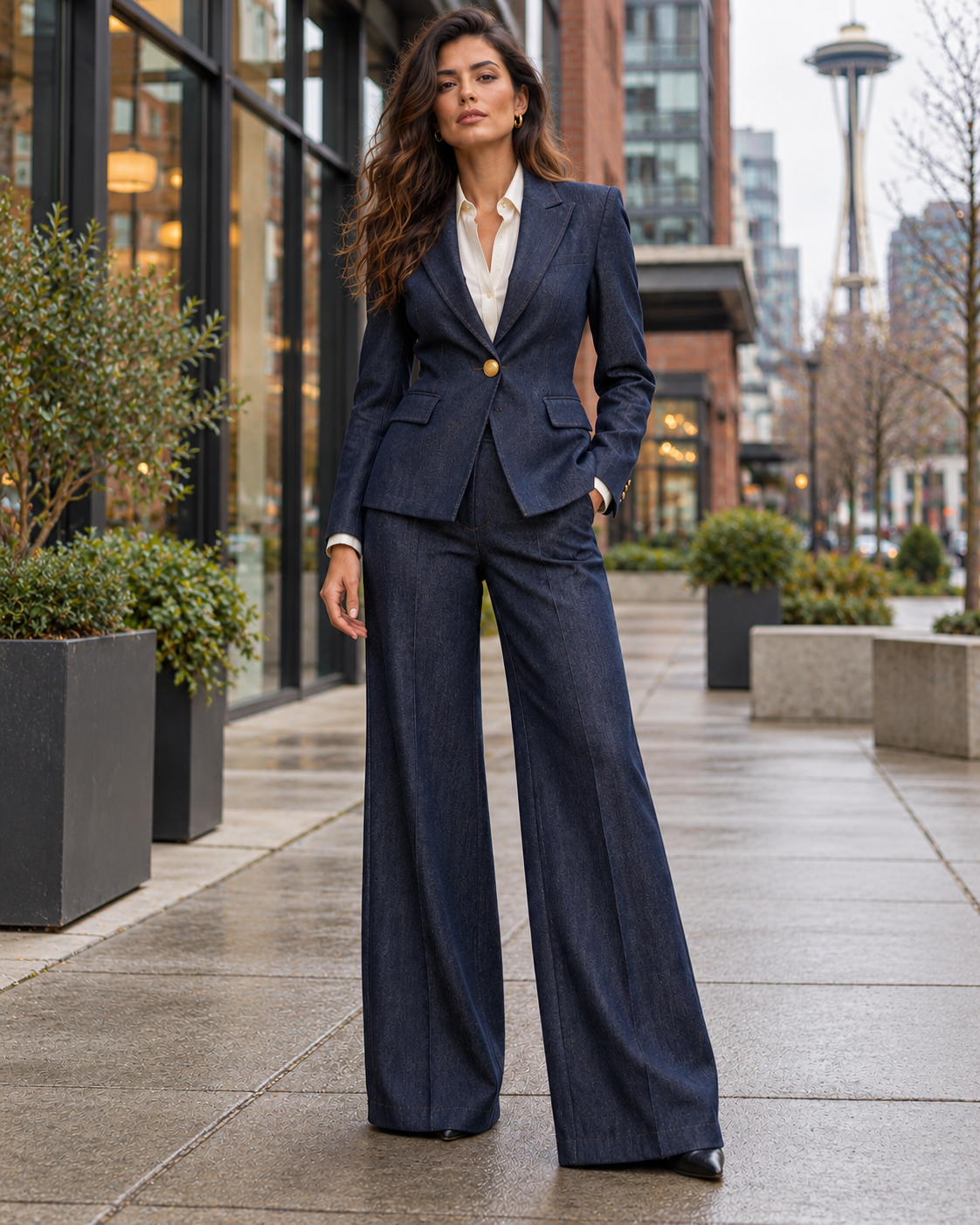 Model wearing the Rossario George Denim Suit set with an ivory shirt under the blazer