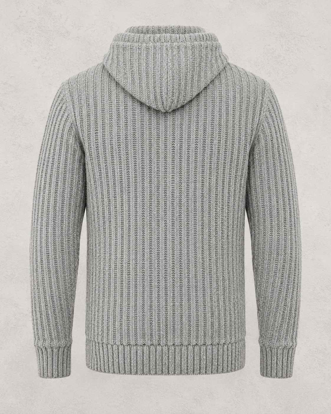 Back view of the light heather slate hooded wool cardigan, showing the hood
