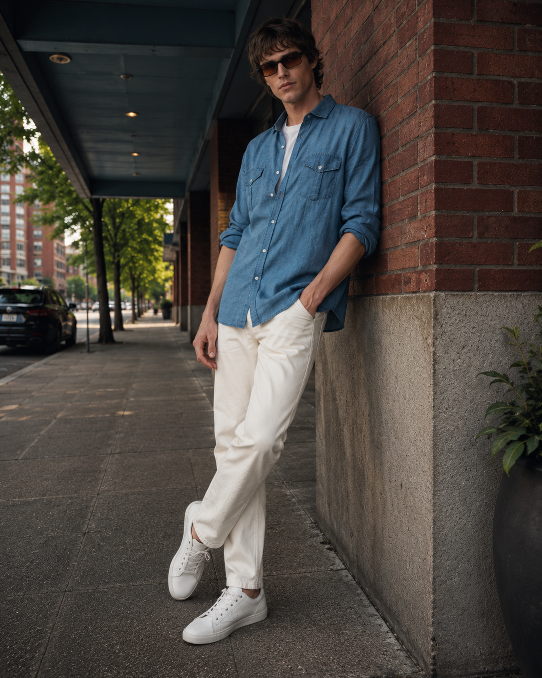 A man wearing a blue button-down shirt, white trousers, and white sneakers leans against a brick building on a city sidewalk.