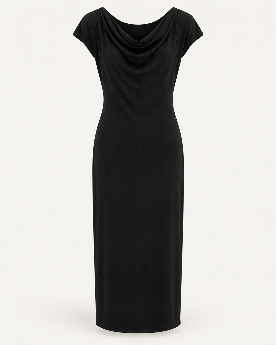 KFLY Midi Reversible Dress in black, garment-only front view with draped cowl neckline